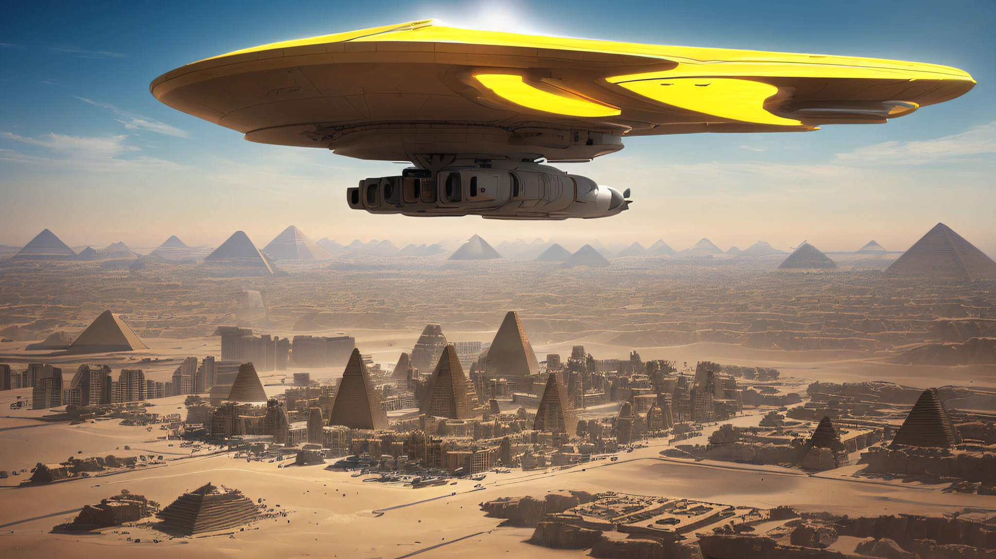 An awe-inspiring scene featuring a V-22 Osprey tiltrotor aircraft, with a twist that combines ancient history with modern aviation. The head of the aircraft is ingeniously designed as a large, three-dimensional figure of Tutankhamun's head, complete with his iconic golden mask. The rest of the Osprey is painted in golden colors and adorned with hieroglyphics and ancient Egyptian symbols, with the rotors resembling the wings of the ancient Egyptian god Horus. The aircraft is shown in dynamic tiltrotor action, soaring above the Egyptian desert with the pyramids and the Sphinx in the background. The scene captures the essence of ancient Egyptian grandeur combined with modern aviation technology, as if the Pharaoh Tutankhamun himself is guiding the aircraft through the skies. Medium: Hyper-realistic painting. Style: A blend of modern military aviation and ancient Egyptian opulence. Lighting: Bright desert daylight with the golden hues of the aircraft reflecting the sun. Colors: Rich golds, desert sands, and metallic grays. Composition: Dynamic scene focusing on the Osprey in tiltrotor action above the Egyptian desert, with the grand figure of Tutankhamun's head as the front part of the aircraft.