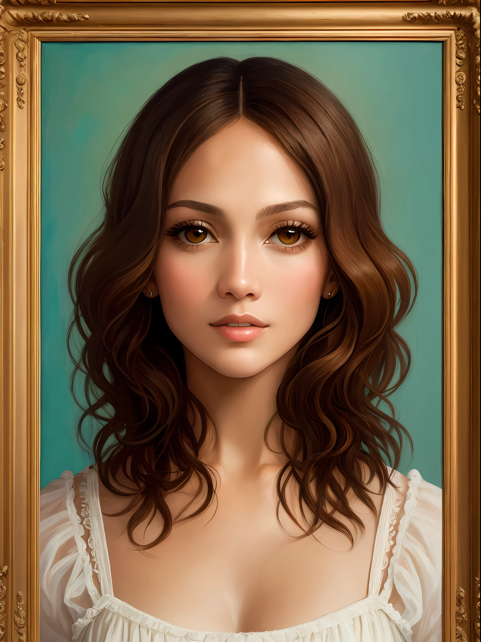 Oil painting by Leonardo da Vinci, realistic photo, close-up of Jennifer Lopez with white and messy hair, her eyes are sweet and lively, her face is symmetrical, silky peach skin, brightness of the soft torch of the face by REMBRADT, Adobe illustrations, Artstation trends, 8K, hd, cinematic, masterpiece, magnificent art, top quality, short hair,