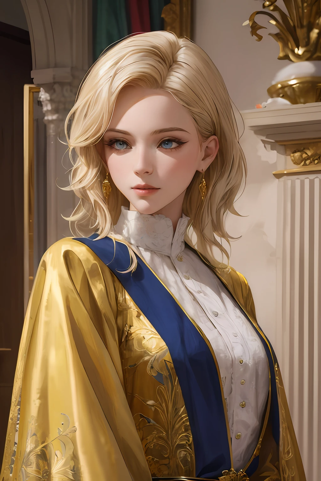 (masterpiece: 1.2, best quality), realistic, (real image, intricate details, depth of field), best quality, masterpiece, highly detailed, semi-realistic, 1 girl, mature woman, 21 years old, with short golden hair, left eyes covered by hair, blue eyes, king's clothes, blue robe, slim body