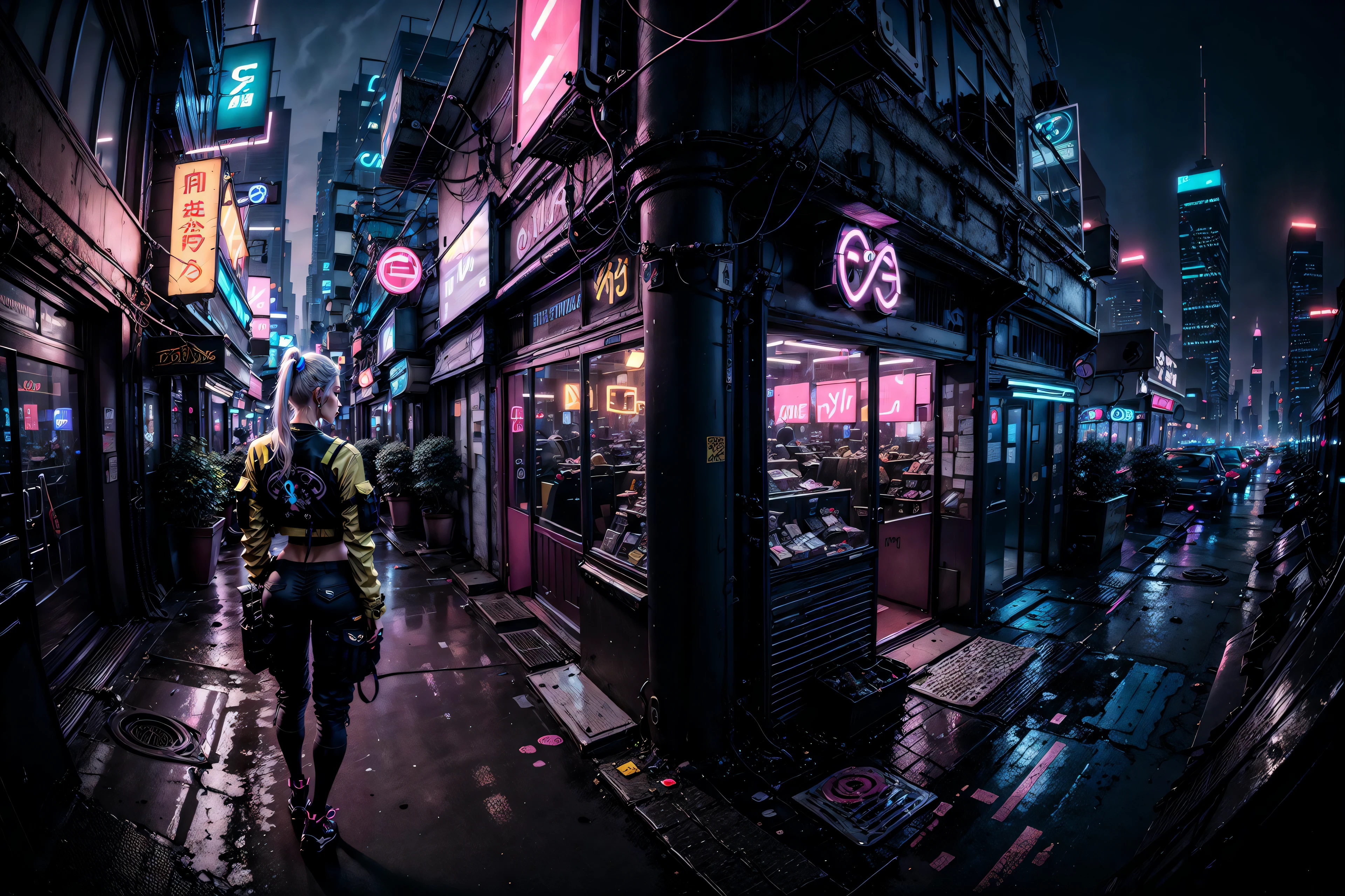 (masterpiece, 4k ,ultra detailed:1.2),(anime:1.2),illustration,(realistic:1),
(solo:1.4),
(panorama,Two-point perspective:1.4),aerial shot,(fisheye:1.2),
(landscape,outdoor,night,midnight,cyberpunk,rooftop,sky:1.2),(skyscraper,cityscape:1.4),
(neon sign,blue neon,pink neon,yellow neon:1.4),
(neon color trench coat,neon color sneaker:1.2),(t-shirt,cargo pants:1.3),
(platinum white hair,ponytail:1.2),(supermodel:1.4),