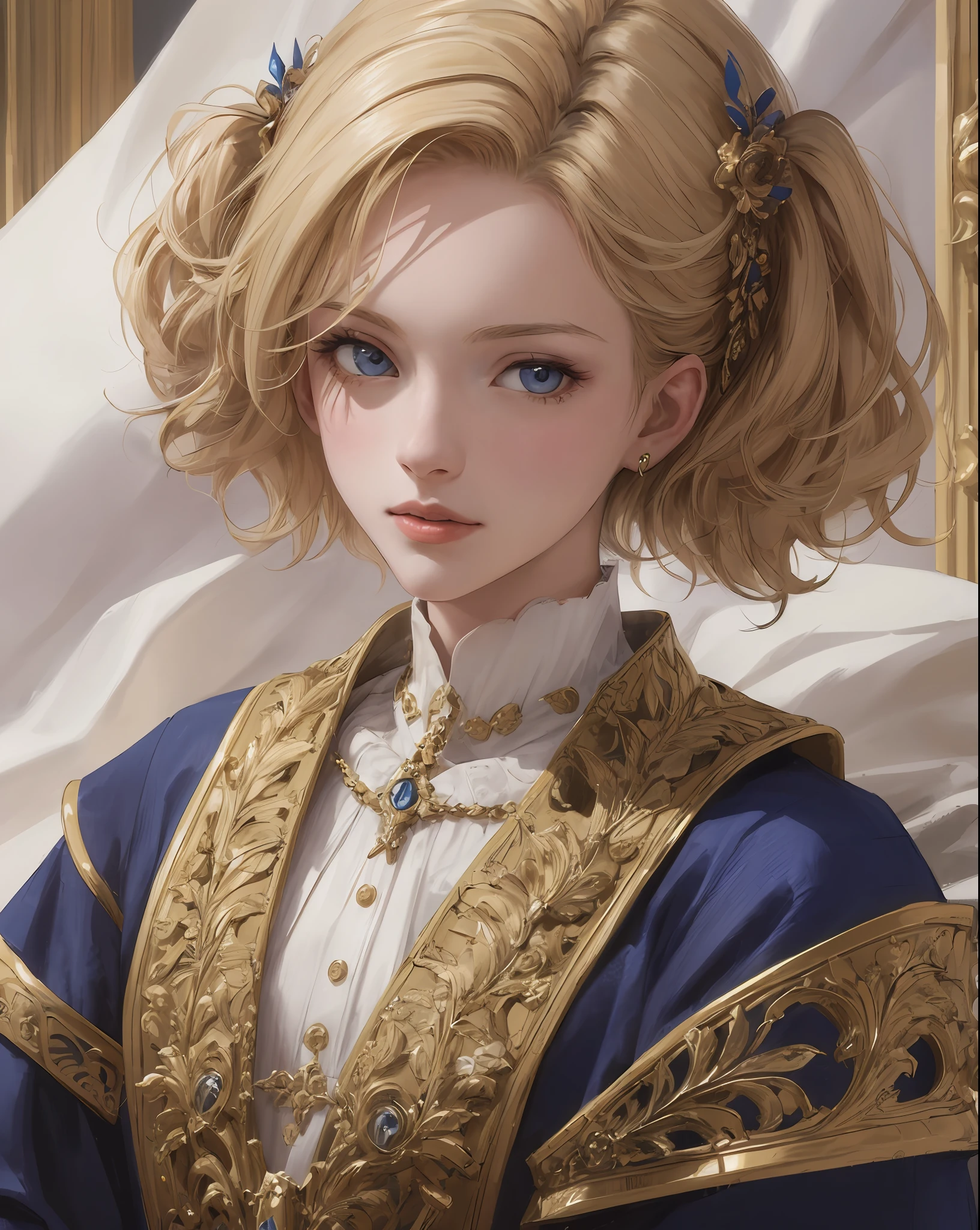 (masterpiece: 1.2, best quality), realistic, (real image, intricate details, depth of field), best quality, masterpiece, highly detailed, semi-realistic, 1 girl, 20-year-old woman, with short golden hair, left eyes covered by hair, blue eyes, king's clothes, blue robe, slender body
