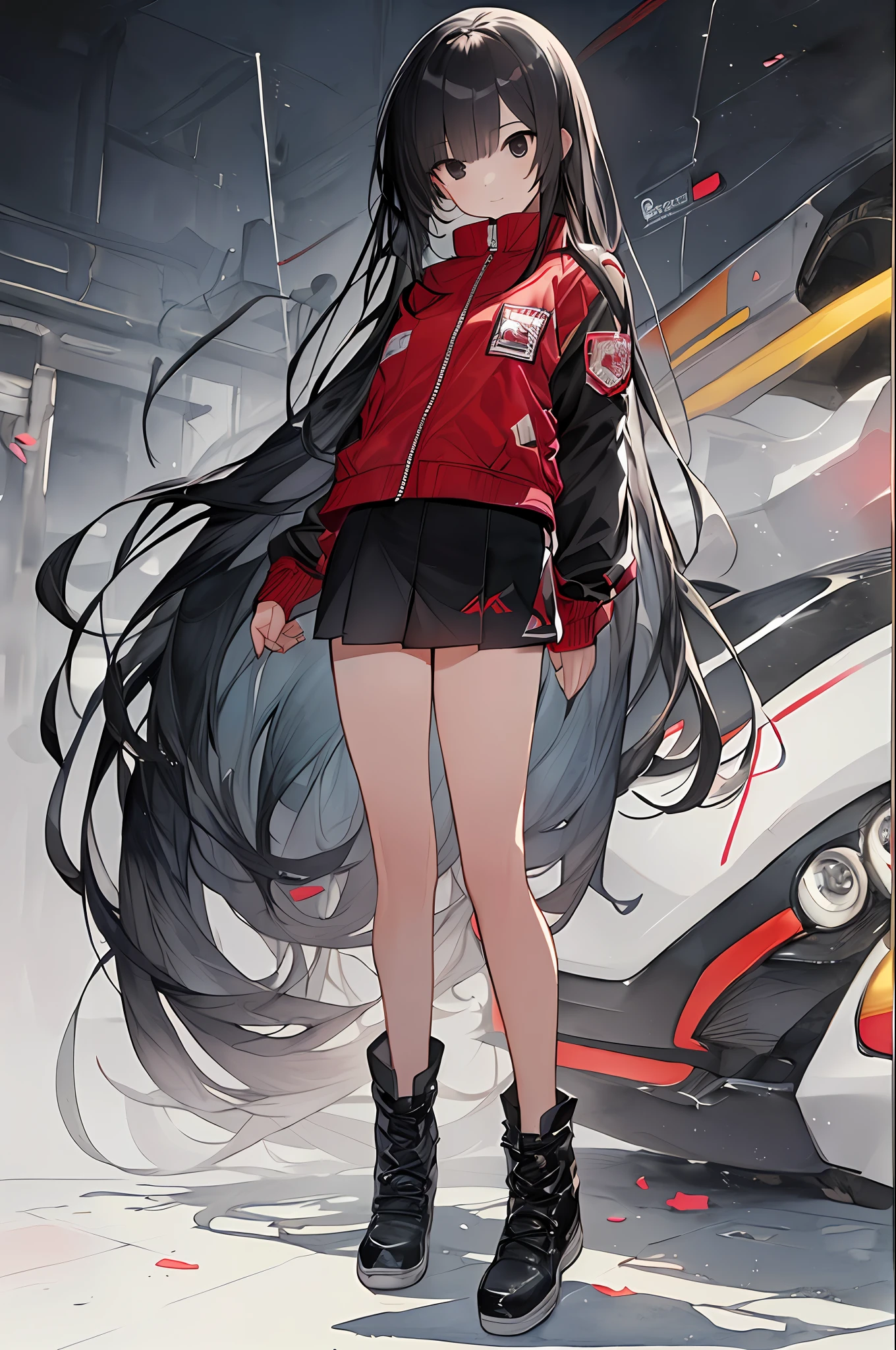 (best texture:1.2), 1girl playing in the factory, absurdres,((masterpiece)), ((best quality)), (ultra-detailed), ((extremely detailed)),high definition,an extremely delicate and beautiful,((best quality)),,colorful,,((extremely detailed)), 4K, (8K),best quality, illustration, (pencil drawing:1.1), (watercolor pencil2:1.3), (beautiful),((perfect face,perfect body,perfect anatomy)),((so cool)), cute, brake， 1 girl, 20years old,full body, smile,( extra long hair:1.3), (bluish black hair:1.3), straight hair, hime cut, (tilted eyes:1.3), (black eyes:1.4), (tall stature), athlete, slender body, small brest, ((cool face)), ((slender face)), expression fair skin, (very long (red) oversized bomber jackett:1.3), (beautiful detailed school uniform), military boots, She has a beautiful face and shining eyes, brake