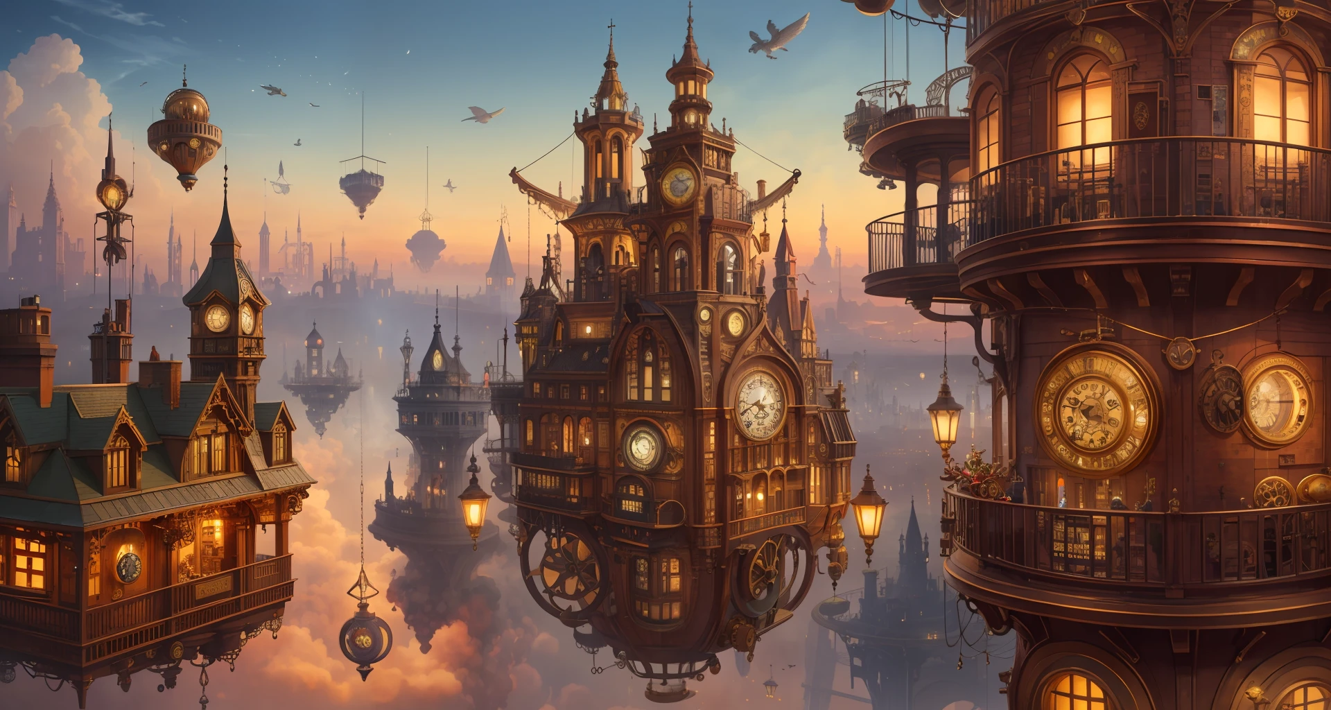 there are many buildings that are floating in the sky, ancient steampunk city, high quality steampunk art, detailed steampunk illustration, golden steampunk city atmosphere, steampunk air haven, steampunk city, victorian steampunk city vista, victorian steampunk mega city, digital steampunk art, steampunk world, 4k highly detailed digital art, a steampunk city, steampunk art, in steampunk cityscape, steampunk fantasy style