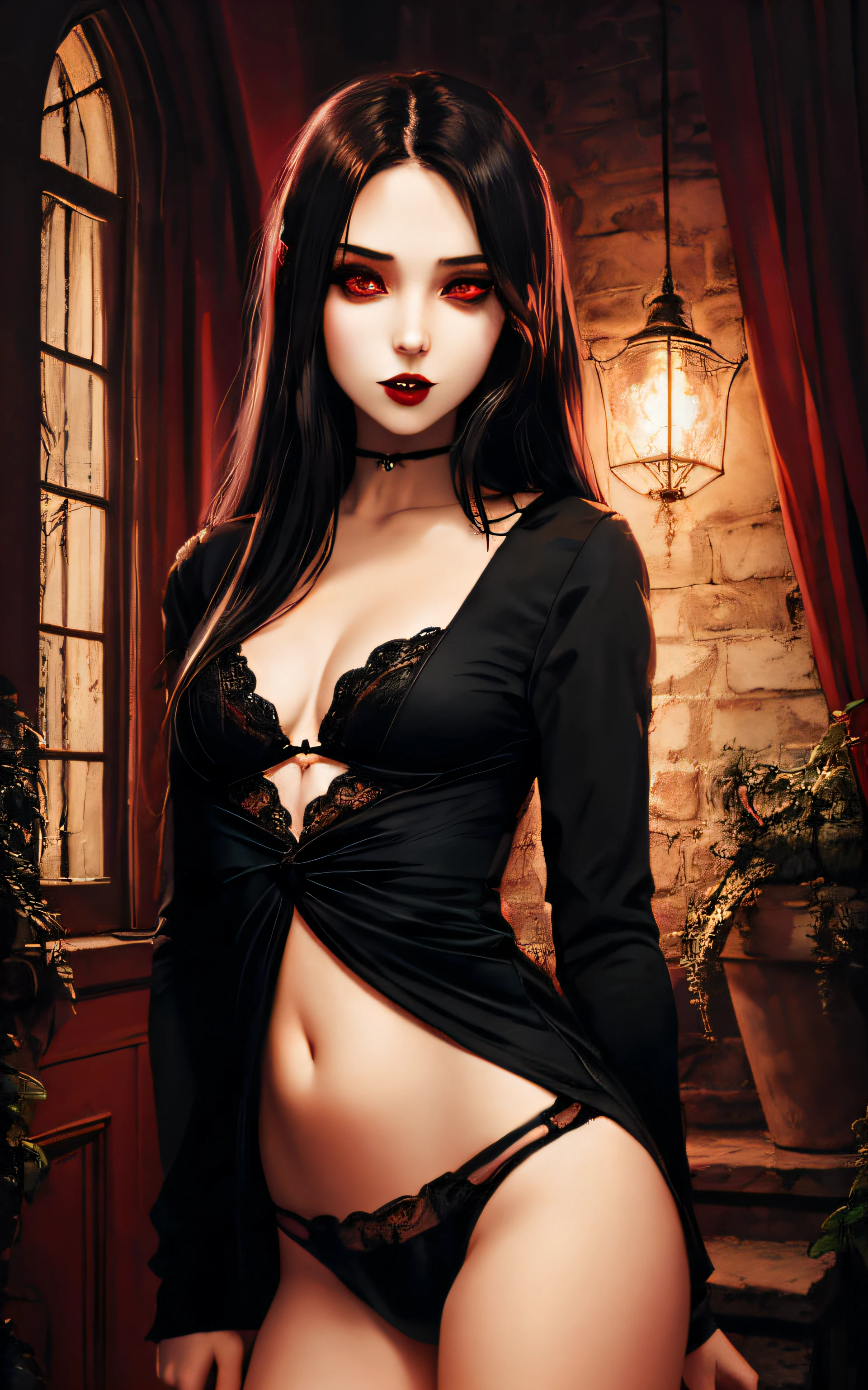 bright red eyes arafed woman in a black dress and panties posing for a photo, very cute gothic top model, seductive cyberpunk black costume, beautiful seductive anime woman, beautiful female vampire, pale gothic beauty, seductive anime girl, goth maiden anime girl, tom bagshaw art style, sensual dark style, goth maiden, with long hair and piercing eyes