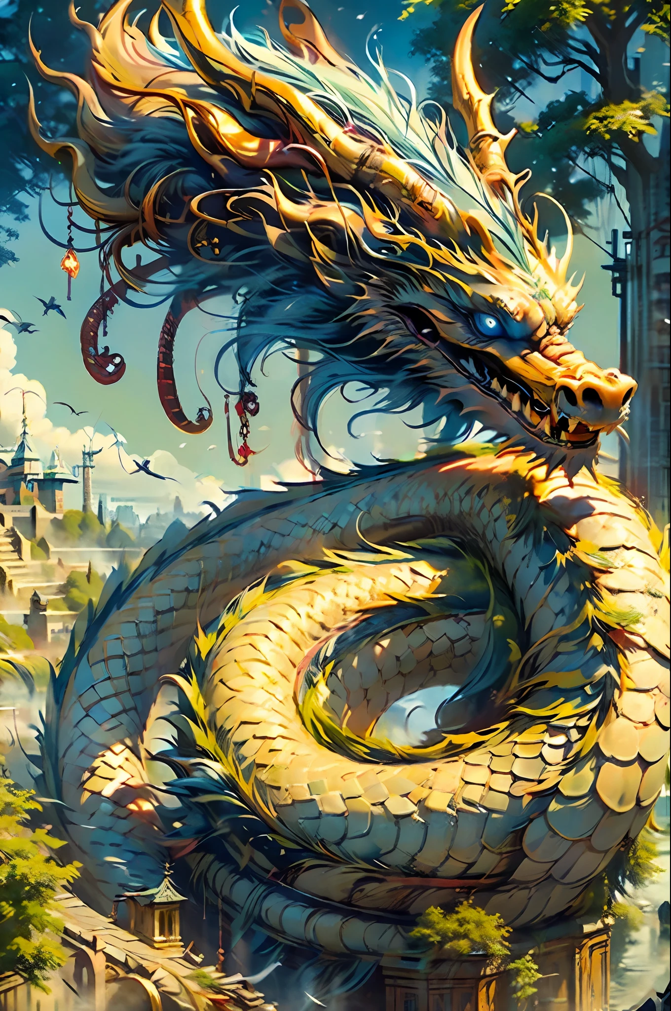 (8k, RAW photo, best quality, ultra detailed CG unity 8k wallpaper,masterpiece:1.2), a  dragon, 3d, ultra beautiful detailed eyes, Precise iris depiction,ultra-detailed face,
Best Quality, Masterpiece, Ultra High Resolution, Human, Tree, Teeth, Sharp Teeth, Blue Eyes, Clouds, Outdoor, 1 Other, Fantasy, Horns, Sky, Mist, Open Mouth, Monster, Landscape, Ultra-Detailed Beautiful Background Drawn by Professional Illustrator