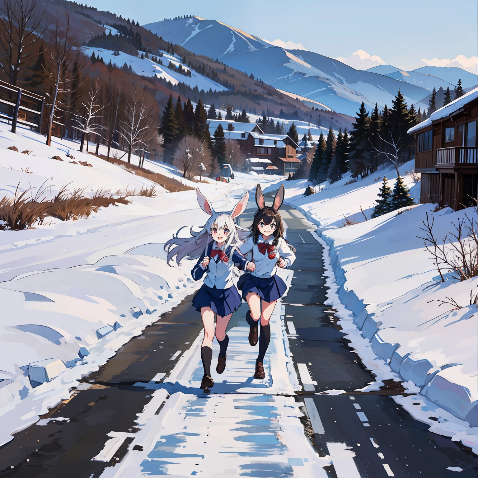Rabbit-eared sisters running side by side School uniform Snow country background Smile
