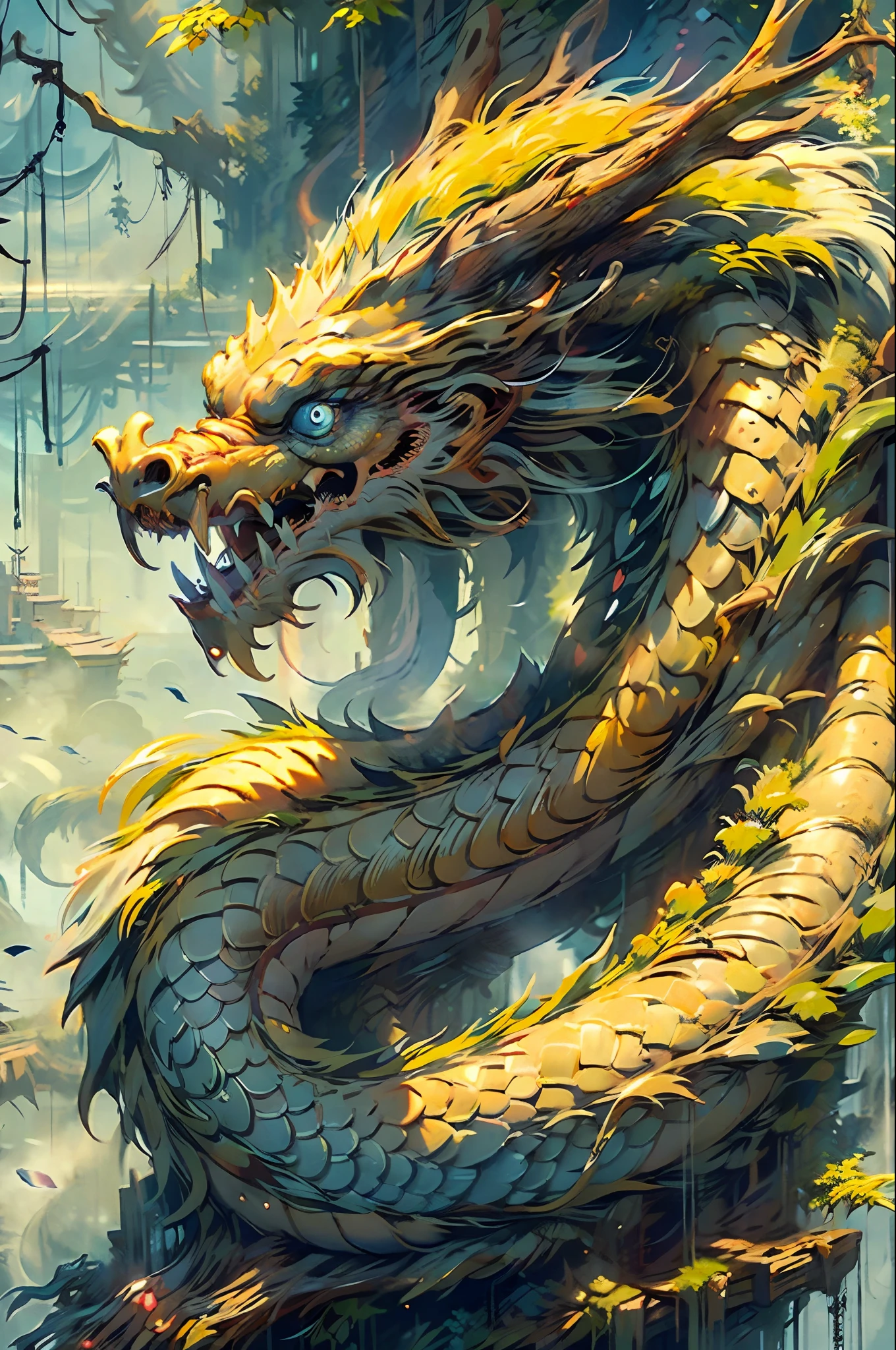 (8k, RAW photo, best quality, ultra detailed CG unity 8k wallpaper,masterpiece:1.2), a  dragon, 3d, ultra beautiful detailed eyes, Precise iris depiction,ultra-detailed face,
Best Quality, Masterpiece, Ultra High Resolution, Human, Tree, Teeth, Sharp Teeth, Blue Eyes, Clouds, Outdoor, 1 Other, Fantasy, Horns, Sky, Mist, Open Mouth, Monster, Landscape, Ultra-Detailed Beautiful Background Drawn by Professional Illustrator