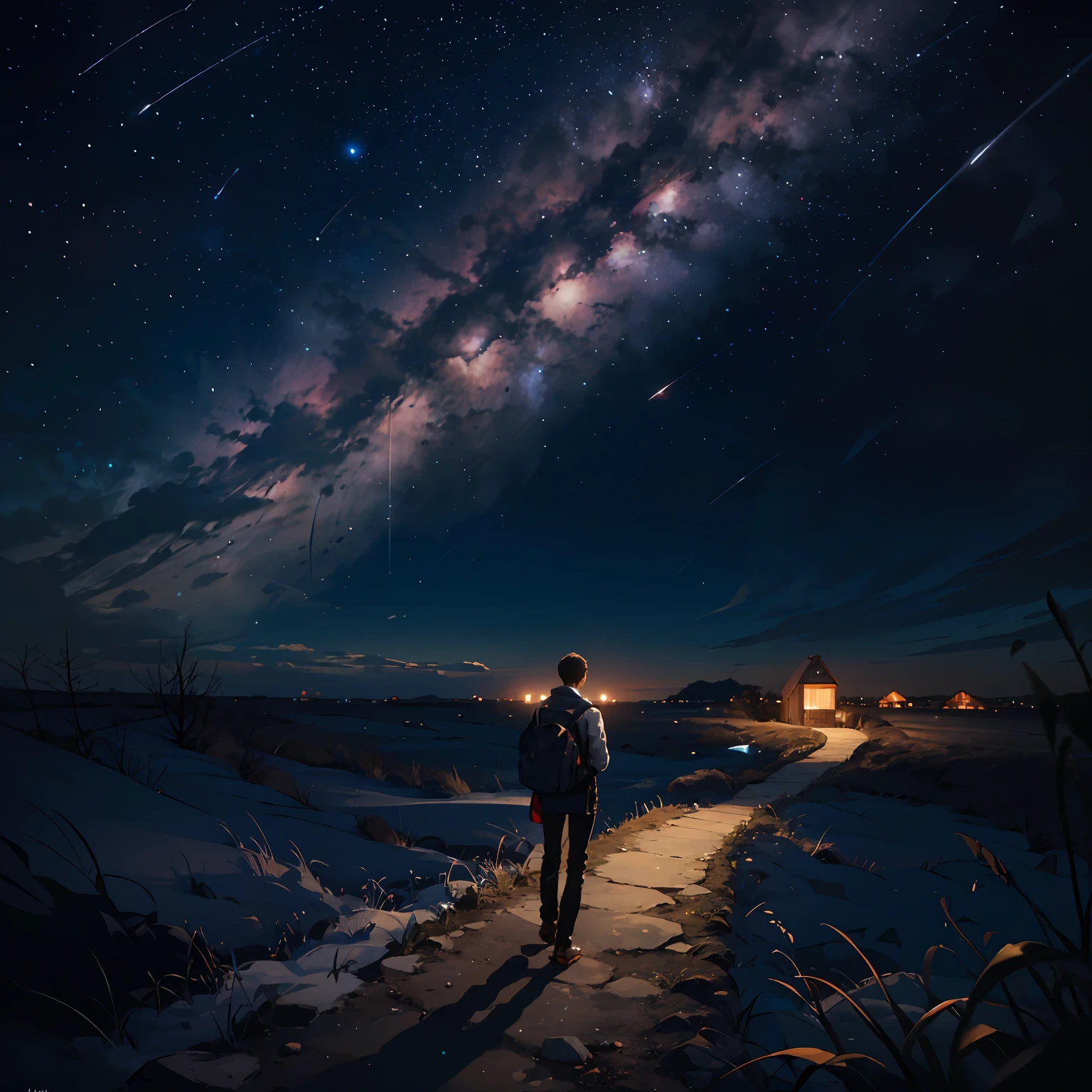 a young man walking in the middle of nowhere, on the left side, with a starry sky --auto