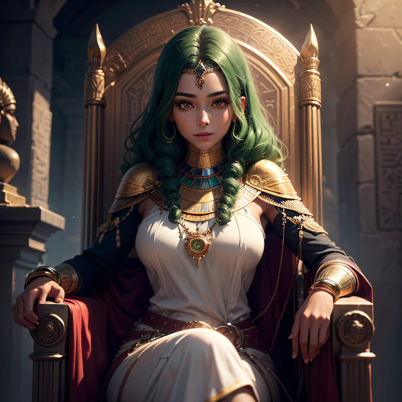 (extremely detailed wallpaper of the CG 8k unit), Egyptian woman, ultra detailed, perfect face, curly green hair, in the setting of ancient Egypt sitting on her throne,(cinematic scenery), dark skin with a slight glow, twilight light slightly high mind, mysterious look, and a slight smile on her face, (ultra detailed eyes).