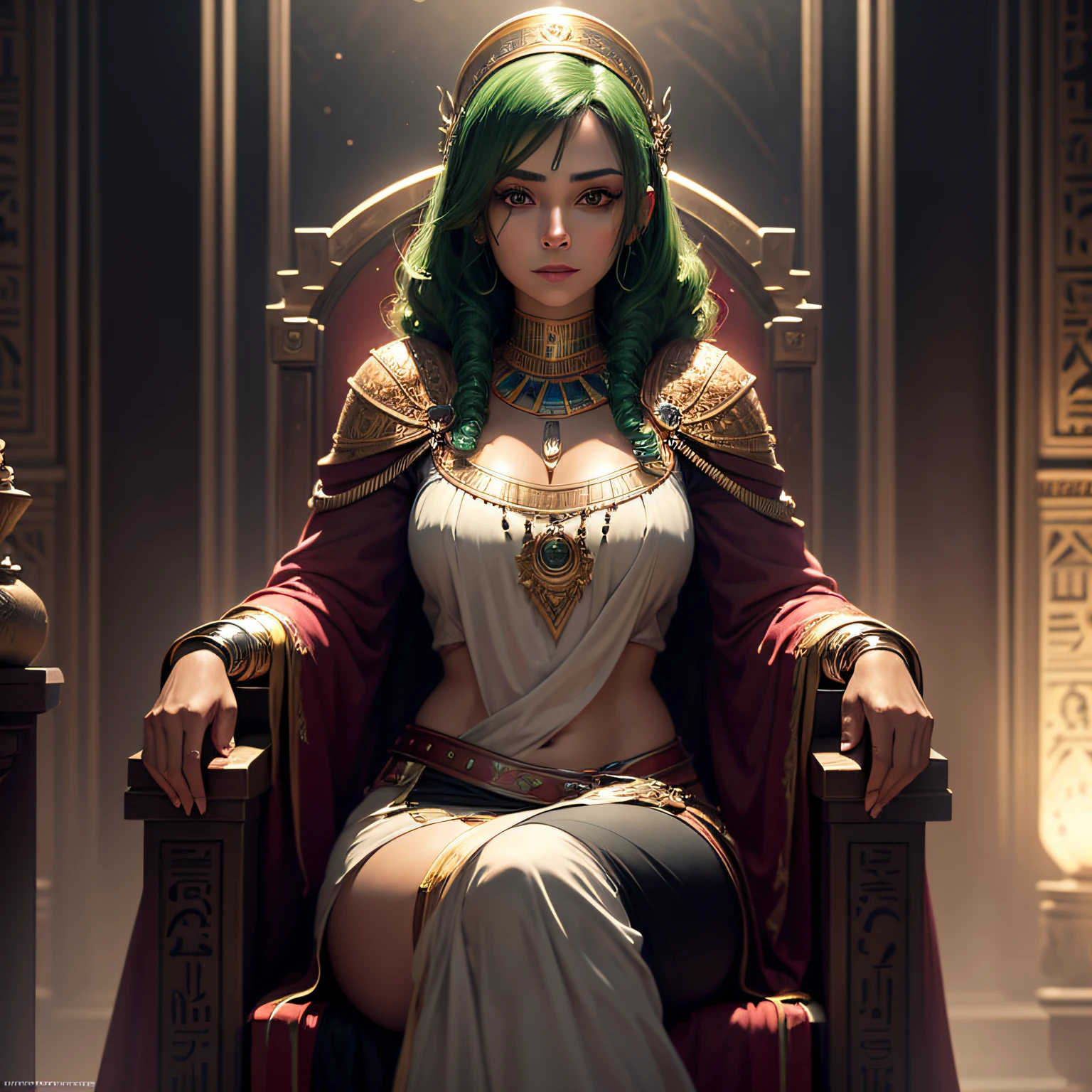 (extremely detailed wallpaper of the CG 8k unit), Egyptian woman, ultra detailed, perfect face, curly green hair, in the setting of ancient Egypt sitting on her throne,(cinematic scenery), dark skin with a slight glow, twilight light slightly high mind, mysterious look, and a slight smile on her face, (ultra detailed eyes).