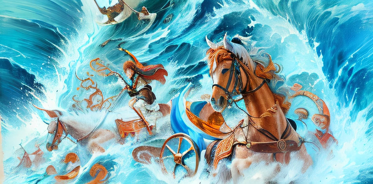 painting of a group of people riding on horses in a wave, scylla and charybdis, trojan war, charybdis, historical artistic depiction, by Scott M. Fischer, by David G. Sorensen, by Ignacio Zuloaga, epic biblical depiction, dramatic artwork, by Thomas Dalziel, album art, by Odhise Paskali