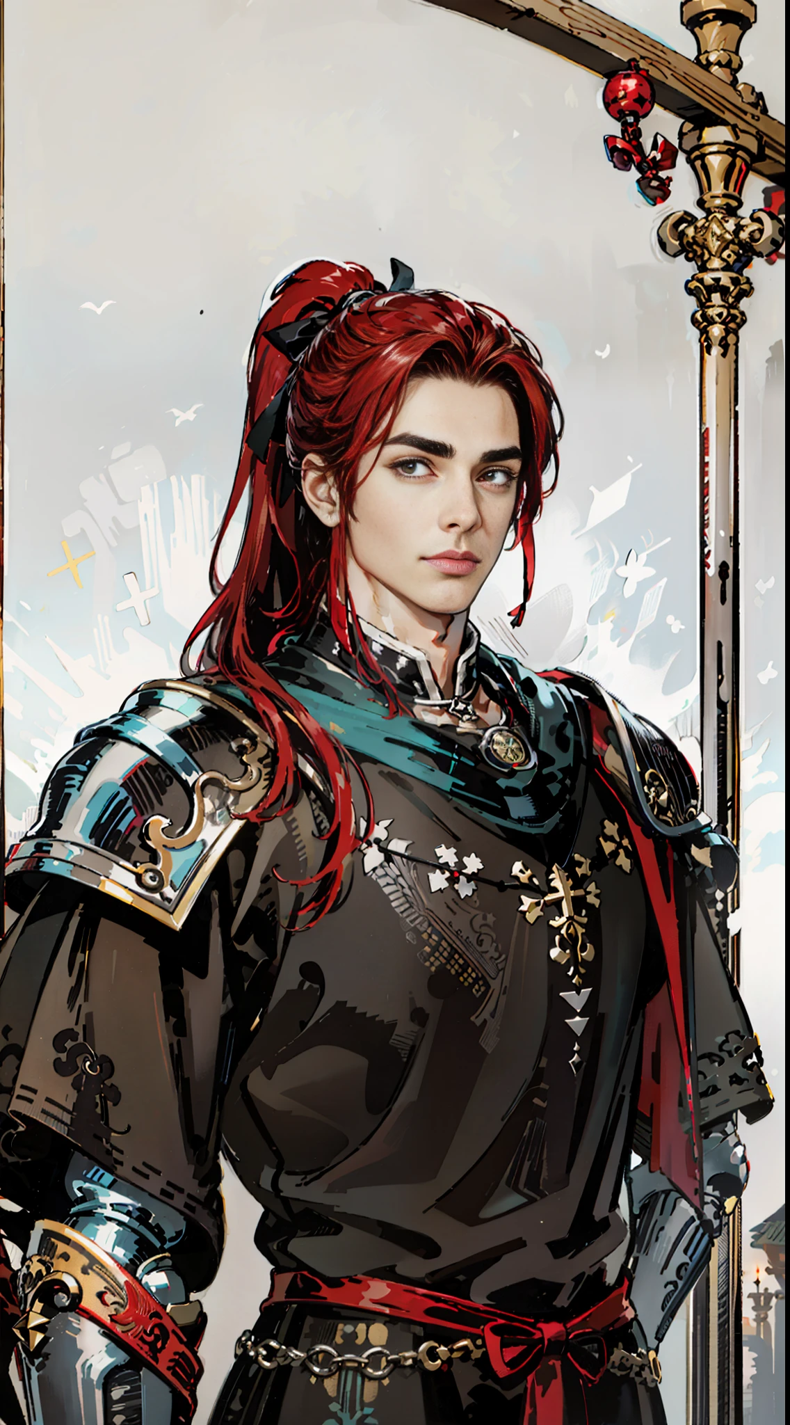 (absurd, highres, ultra detailed, realistic, ), 1 male, solo, adult, mature, high muscular face, broad shoulders, handsome, long ponytail hair, black hair, red hair ribbon red eyes, angular jaw, thick neck, thick eyebrows, night, dark, the view of a medieval tavern, black color gambeson armor and red details, upper body, looking at the camera.