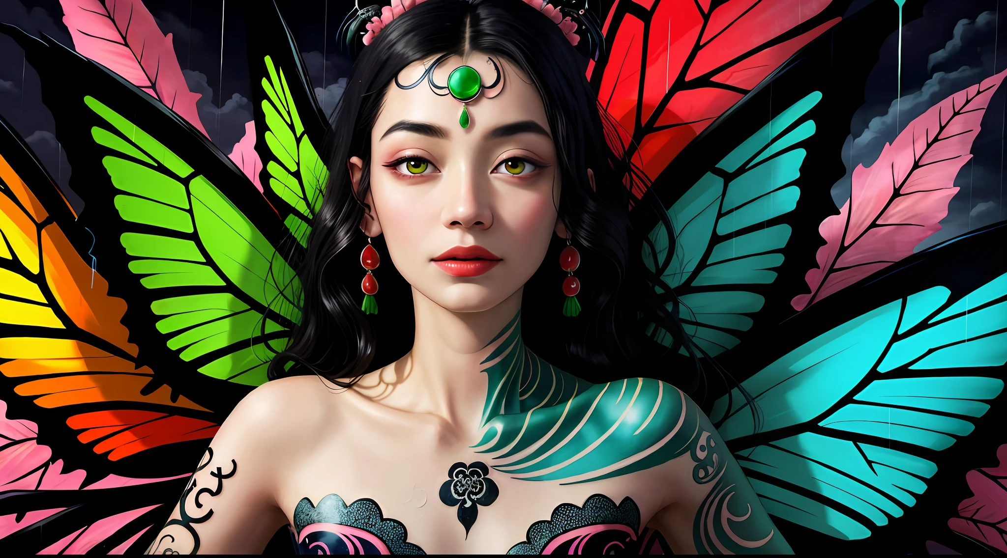 (Masterpiece: 1.2, high quality), (pixels: 1.4), (Song dynasty strokes: 1.4) (wide angle lens, panorama: 1.2), (panoramic lens: 0.95), (panoramic lens, macro lens: 1.25), dynamic angle, perspective, high point, masterpiece, best quality, 8k, crazy detail, complex details, super detail, super high quality, early spring willow leaves, often with rain hate clouds, extremely beautiful vampire, face like peach blossom March, implied amorous moon. The slender waist is curled, the restrained swallow lazy warbler is lazy, the sandalwood mouth is light, and the butterfly chaos that tempts the bees crazy. Enchanting jade words, beautiful jade fragrance, tense shots (the sky glows red, visual impact, giving the poster a dynamic and visually striking appearance: 1.2), close-up, (analog lens, macro lens: 1.25), colorful colored transparent smooth stones: 1.5, ultra-realistic and complex, body makeover, glowing tattoos, surreal tattoos, highly realistic and complex, tattoo art, detailed neon tattoos
