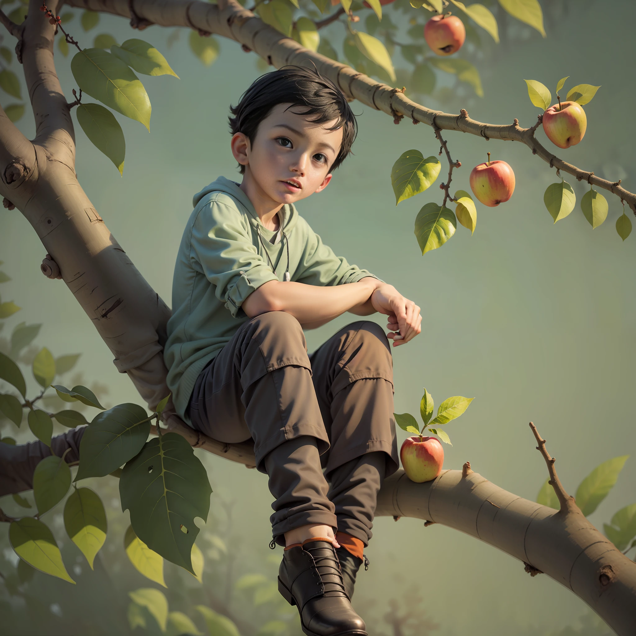 Boy on apple tree branch