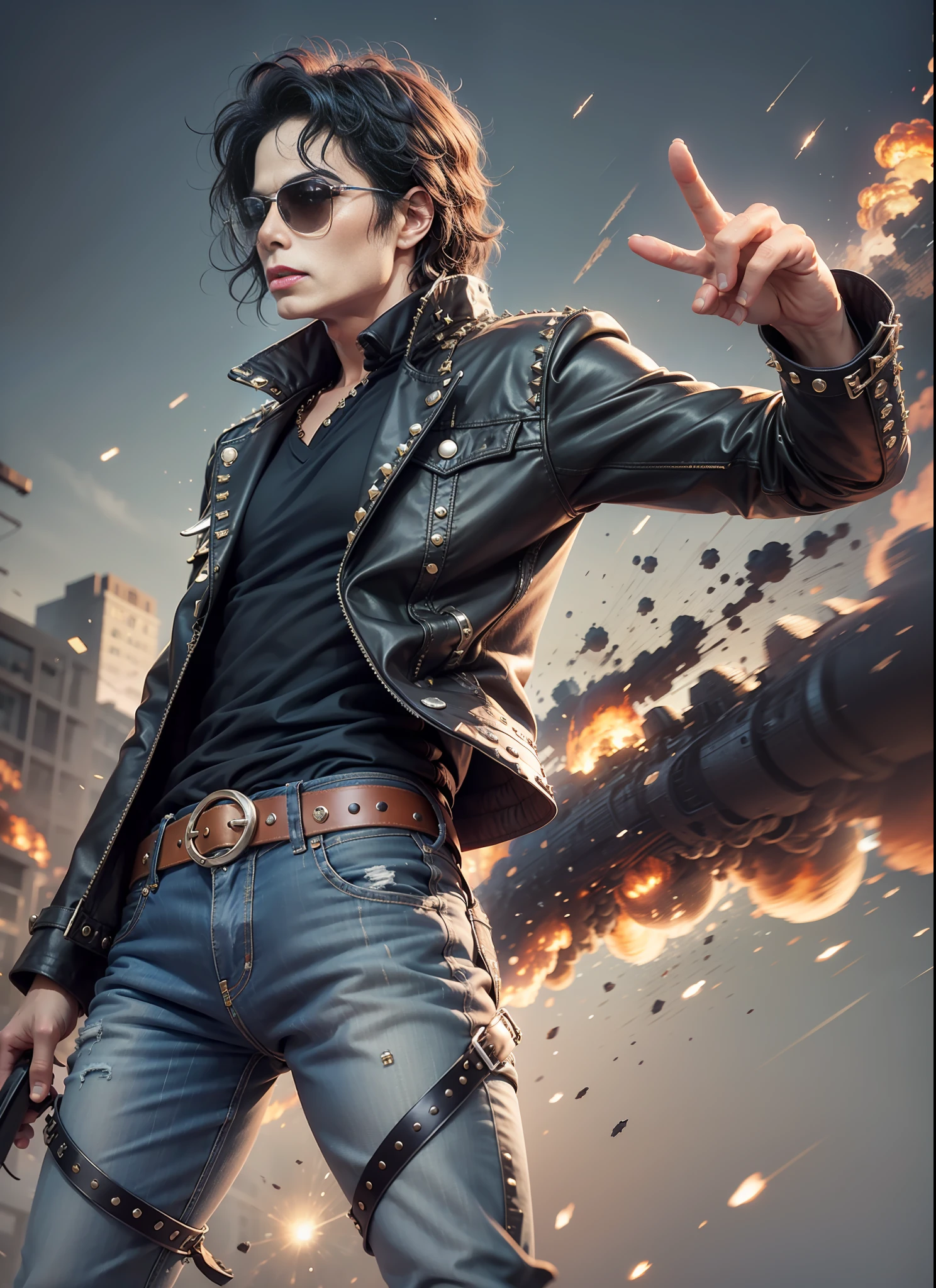 Michael jackson, sunglasses, jeans, 1 black belt, long coat, rivets, holster, rivets, just one body, front view, night, explosions behind.