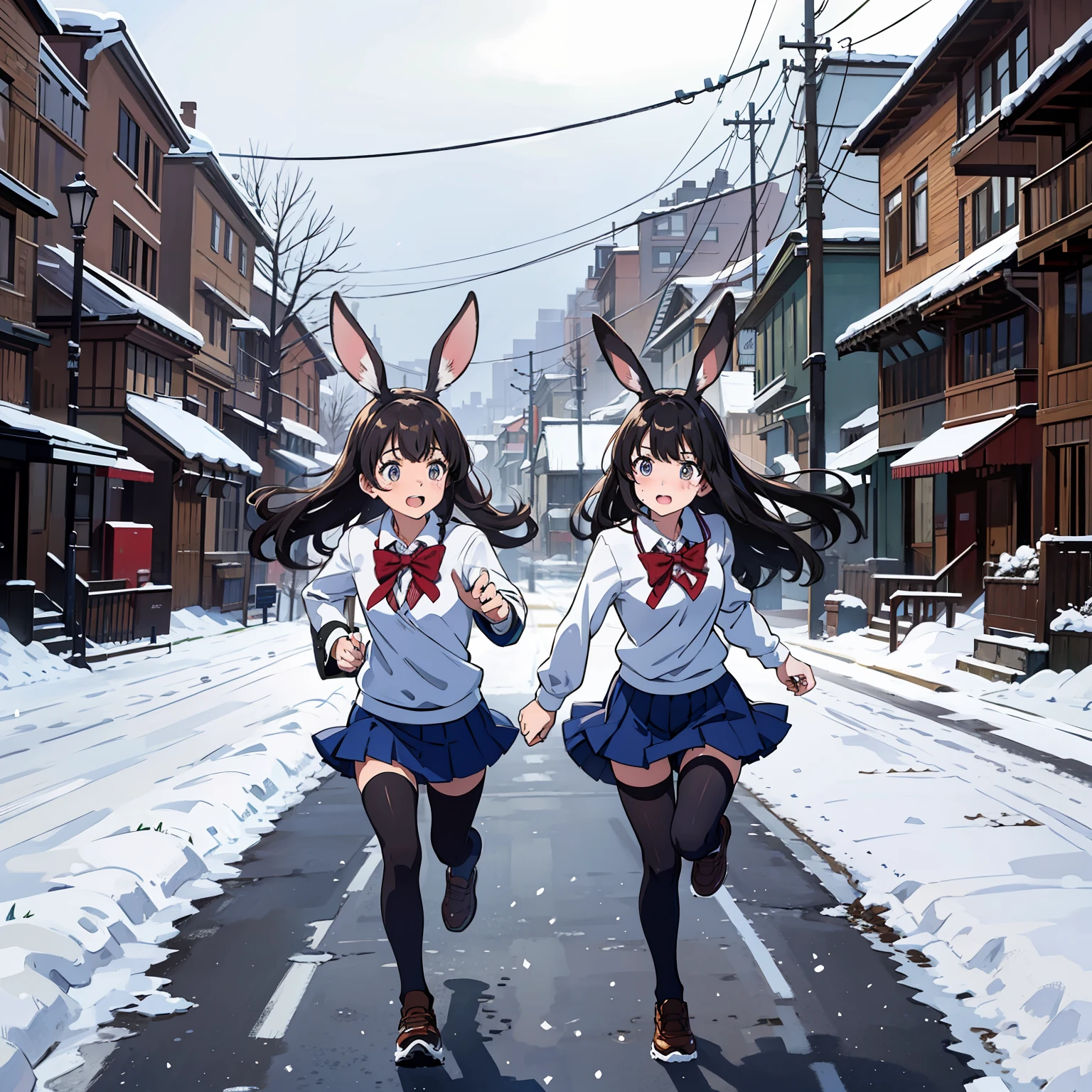 Rabbit-eared sisters Running side by side Surprised face School uniform Snow country background Sweat