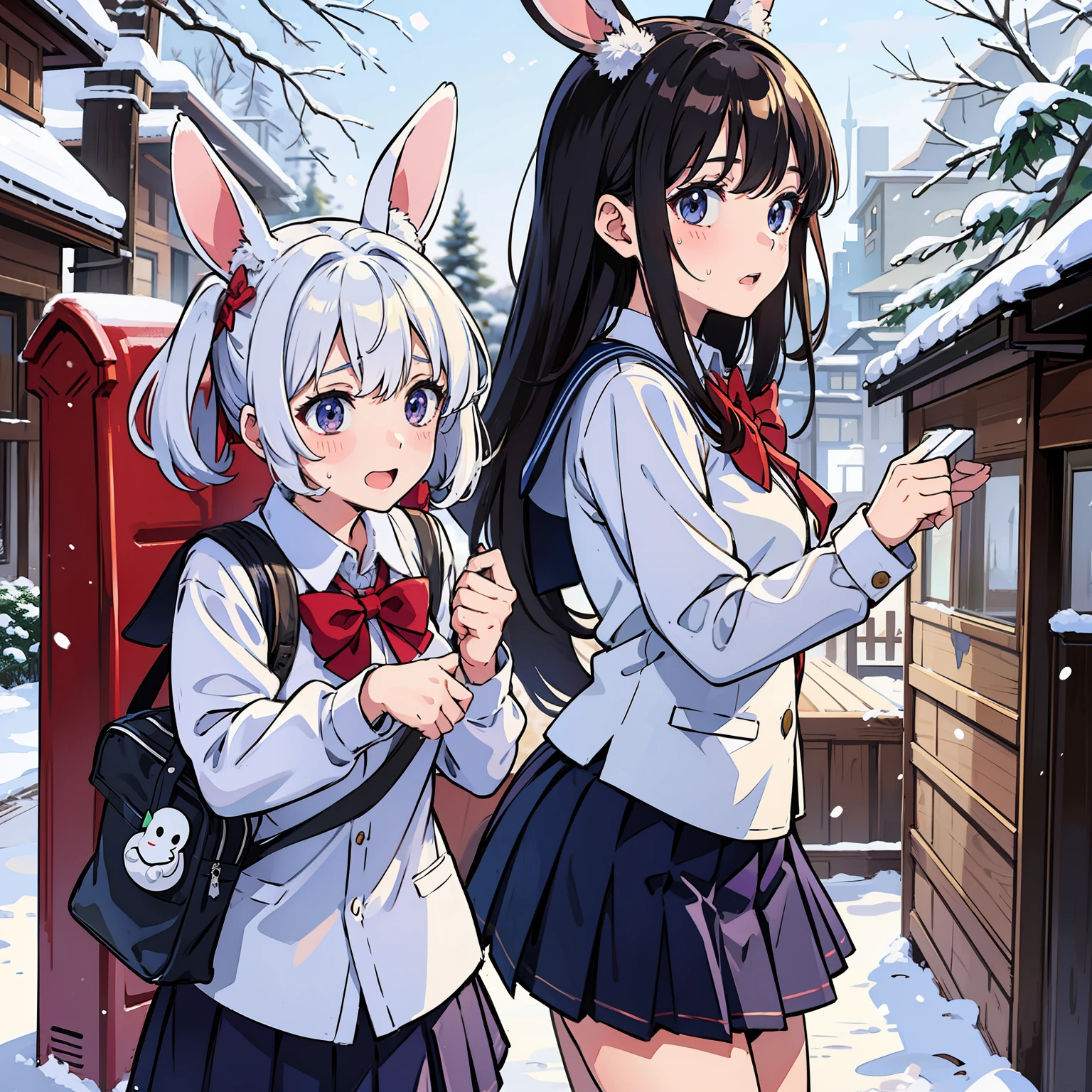 Rabbit-eared sisters Running side by side Surprised face School uniform Snow country background Sweat