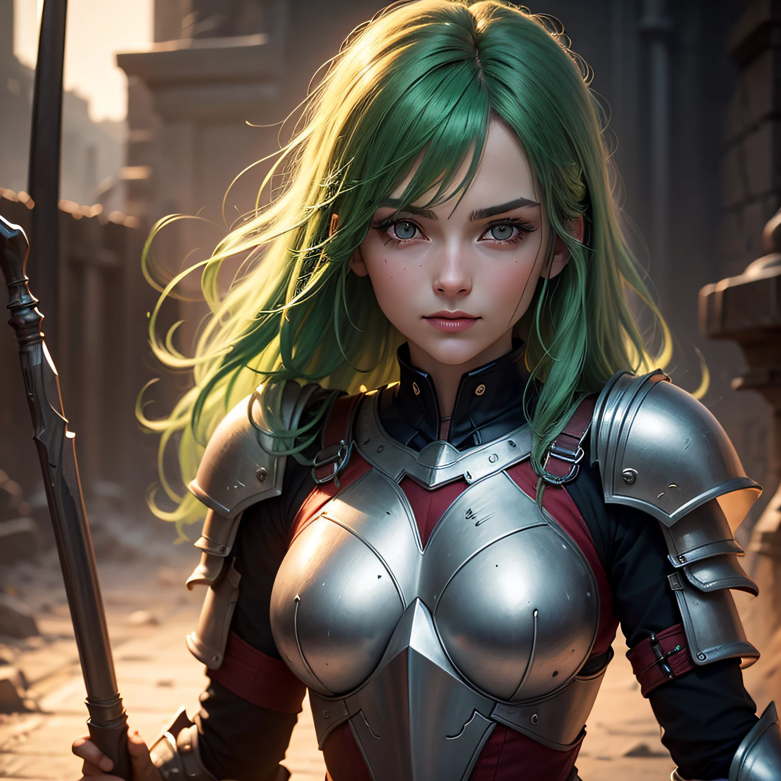 (extremely detailed wallpaper of the CG 8k unit), 1woman of the middle ages, ultra detailed, perfect face, green hair, with an armor, in combat, (cinematic scenery), dark skin with a slight glow, twilight light slightly high mind, mysterious look, and a slight smile on her face, (ultra detailed eyes).