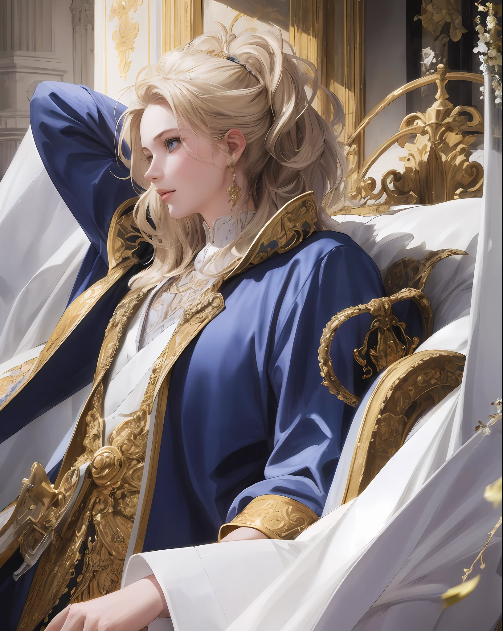 (masterpiece: 1.2, best quality), realistic, (real image, intricate details, depth of field), best quality, masterpiece, highly detailed, semi-realistic, 1 girl, 18 year old woman, with short golden hair, left eyes covered by hair, blue eyes, king's clothes, blue robe, slim body