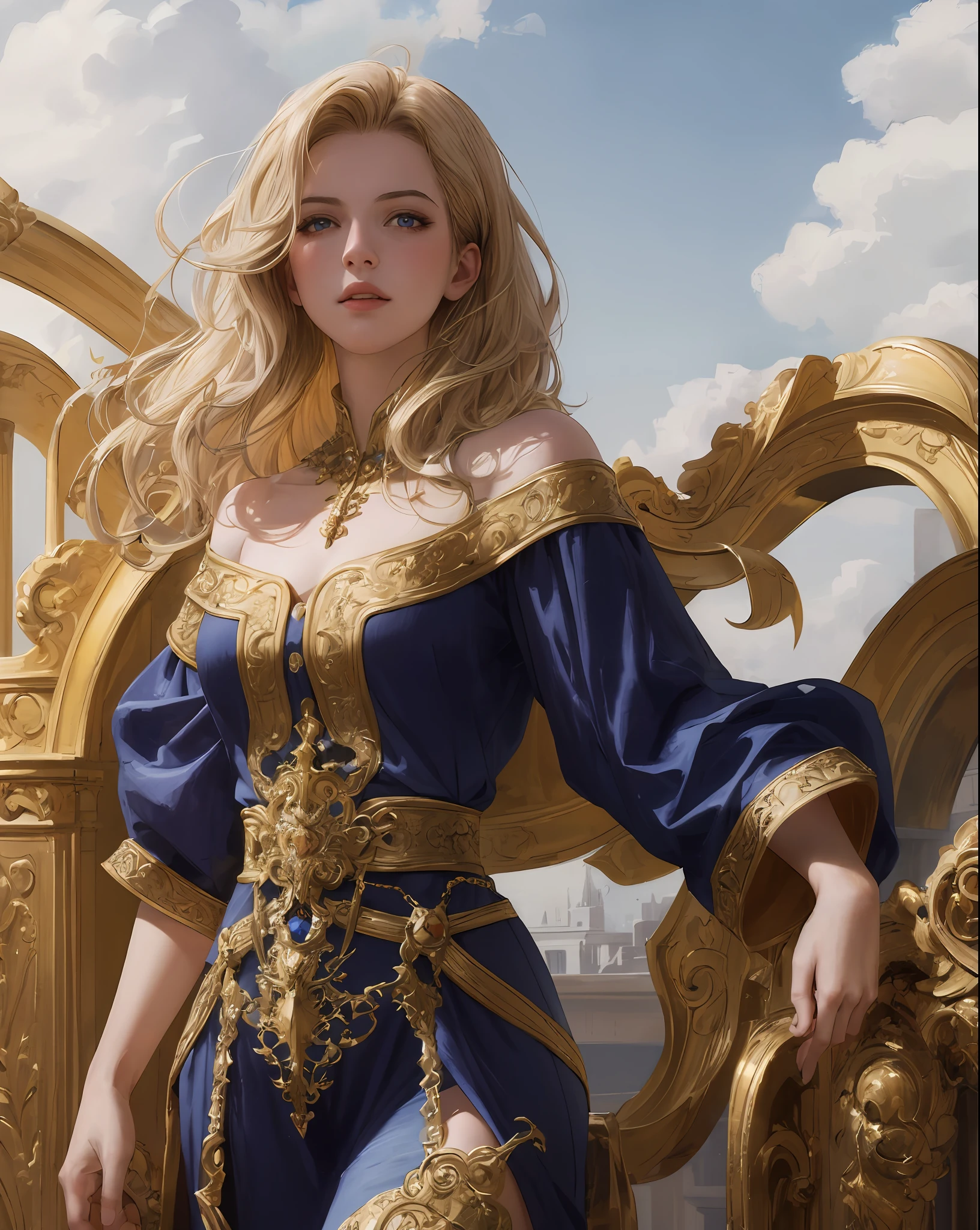 (masterpiece: 1.2, best quality), realistic, (real image, intricate details, depth of field), best quality, masterpiece, highly detailed, semi-realistic, 1 girl, 18 year old woman, with short golden hair, left eyes covered by hair, blue eyes, king's clothes, blue robe, slim body