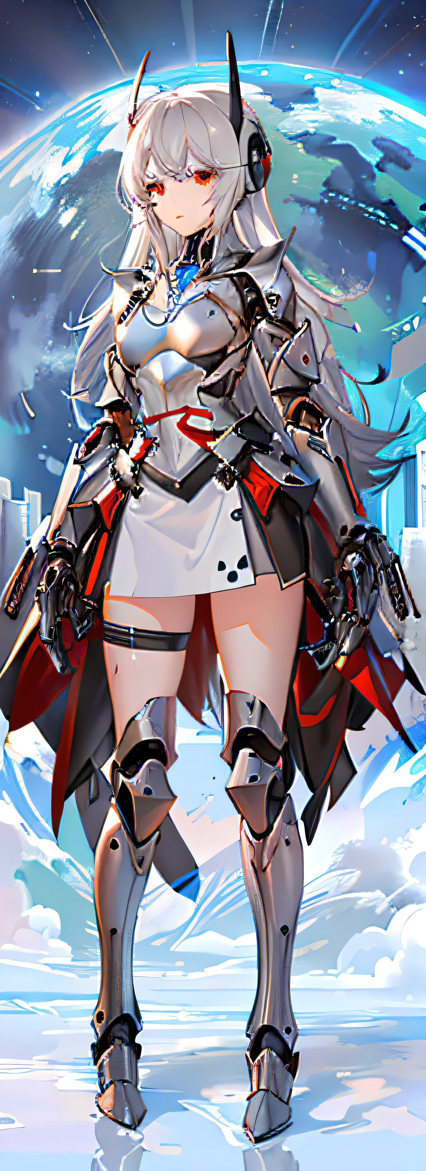 "Heavy demon cyborg armor, with a rugged aesthetic and futuristic design that resembles a strong mechanical exoskeleton. Dark shades, highlighted edges and details with a slight glow. Emphasize the strength and resilience of the armor, with high-quality materials and visible mechanical components. Emphasize the combination of technology and warfare, with built-in weapons and defense systems. Show the characteristics of the cyborg, such as biomechanical implants, red eyes or indicated circuits. Depict the armor in a futuristic combat environment, with destroyed buildings and smoke effects in the background.