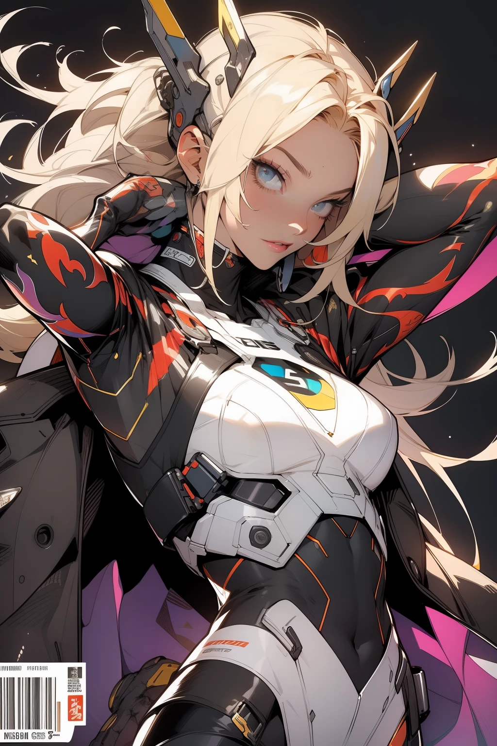 background, mixed-language_text, Japanese letters in graffit, girls, long blonde hair, excellent lighting, sidelighting, perfect ultimate (flat color: 1.3), (magazine_cover: 1.4), (multicolored_background: 1.3), striped_background, card_background, :: comix style by joe madureira :: circular pieces of white metals glued to the ultra detailed arms coming out sparkling shine, perfect and detailed, ultra detailed shirt with abstract design and with Japanese letter print in graffit of the sides of clothing, image of girls with big breast, on top of a futuristic motorcycle, with immersive effects, hover effect, background graffiti style tribal tattoo with flowers and vibrant colors, "ultra HDR" detailed and with focus effect, (masterpiece: 1.2, best quality), (beautiful eyes with huge eyelashes finely detailed: 1.2), , ((Solo)), (Finely detailed eyes and detailed face: 1.3), in various full-body attack poses, (cute background: 1.2),futuristic costume, super detailed circular metals Clinging to the arms and pants, fantastic paintings