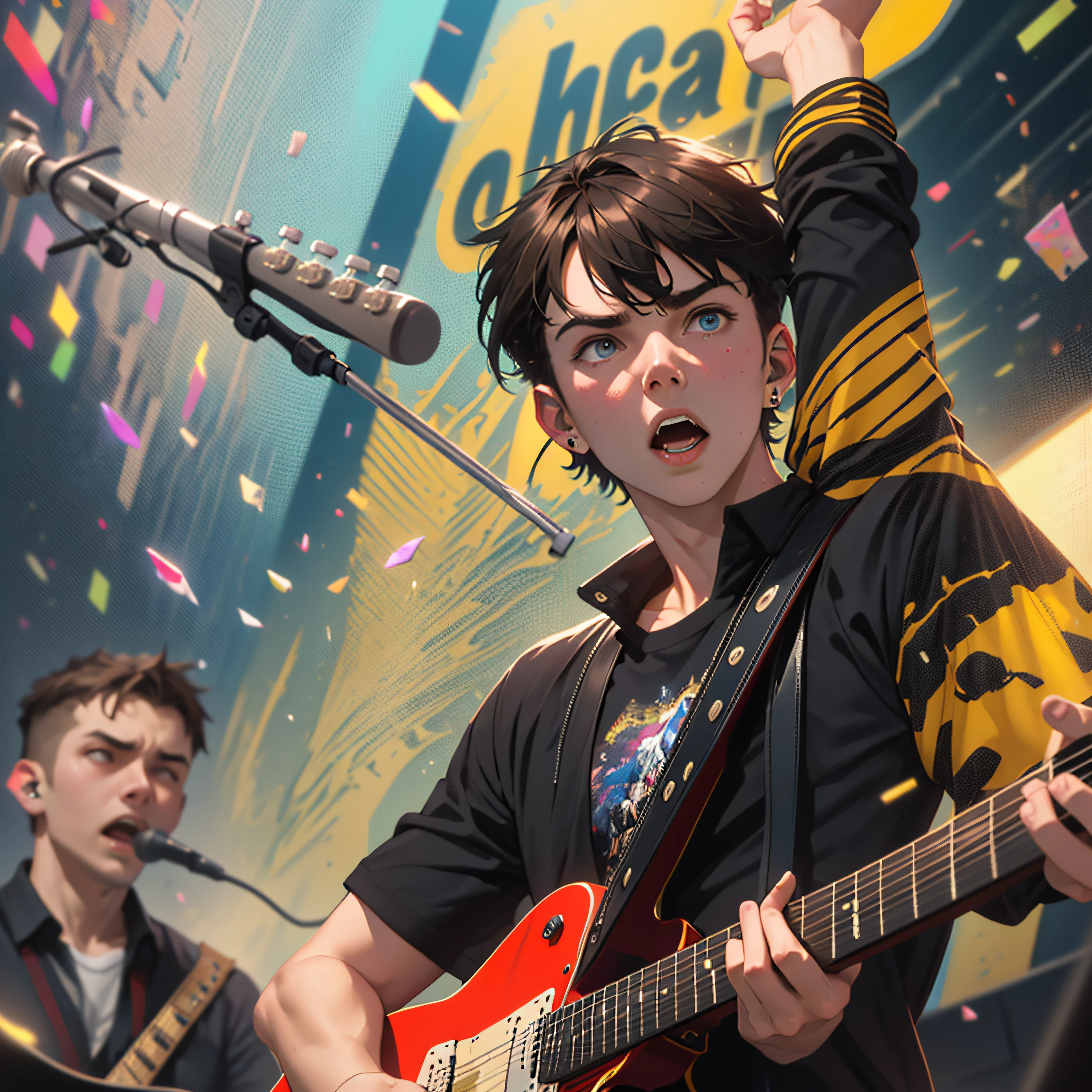 (masterpiece), highest quality, (Nicholas Hoult), blue eyes, short brown hair, black shirt, ( A young guitarist performs in the black shirt at a rock concert, playing his guitar with confidence, his hands move confidently along the strings, capturing attention with his talent, He stands out against a crowd of fans who surround him and sing along with the rhythm of the guitar, (guitarist:1.3), (rock concert:1.2), (music:1.2), (crowd:1.2), (fans:1.1), (realism:1.2), (art:1.2), (artist:1.2), (modern style:1.2), (Art by Craig Davison:1.2), (Art by Thomas Kinkade:1.2), (Art by Wojtek Fus:1.2), greg rutkowski, symmetry, 4k, vibrant colors, devinart, trending on artstation, Sharp focus, dramatic,