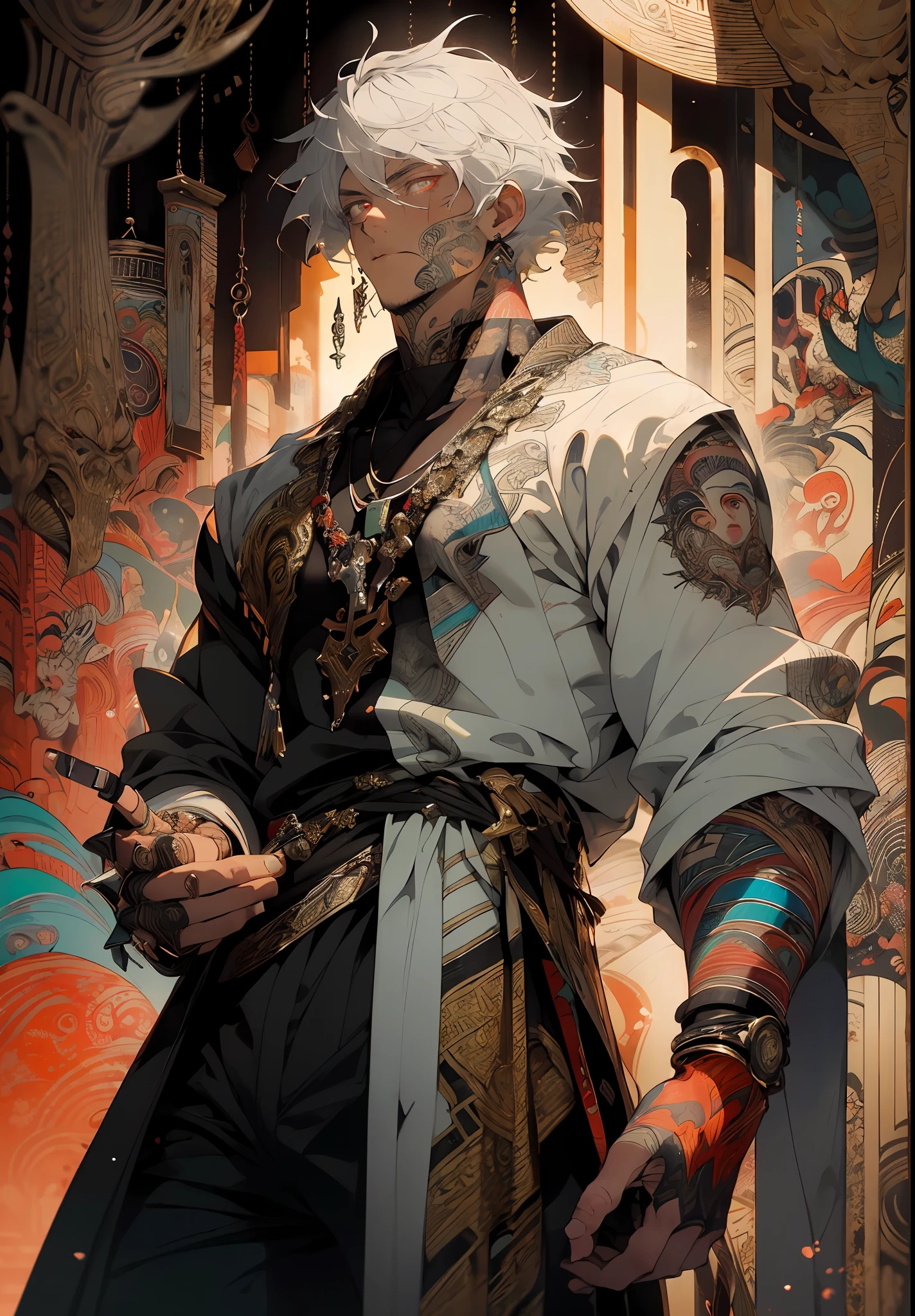 Realistic, (Masterpiece, Top Quality, Best Quality, Official Art, Beauty and Aesthetics: 1.2), Very Detailed, Fractal Art, Colorful, Most Detailed, Zentangle, (Abstract Background: 1.5) (1boy: 1.3), God, White Hair, Short Hair, (Glowing Red Eyes), Mysterious, (Magic), Ice, Handsome Man, Egyptian Style