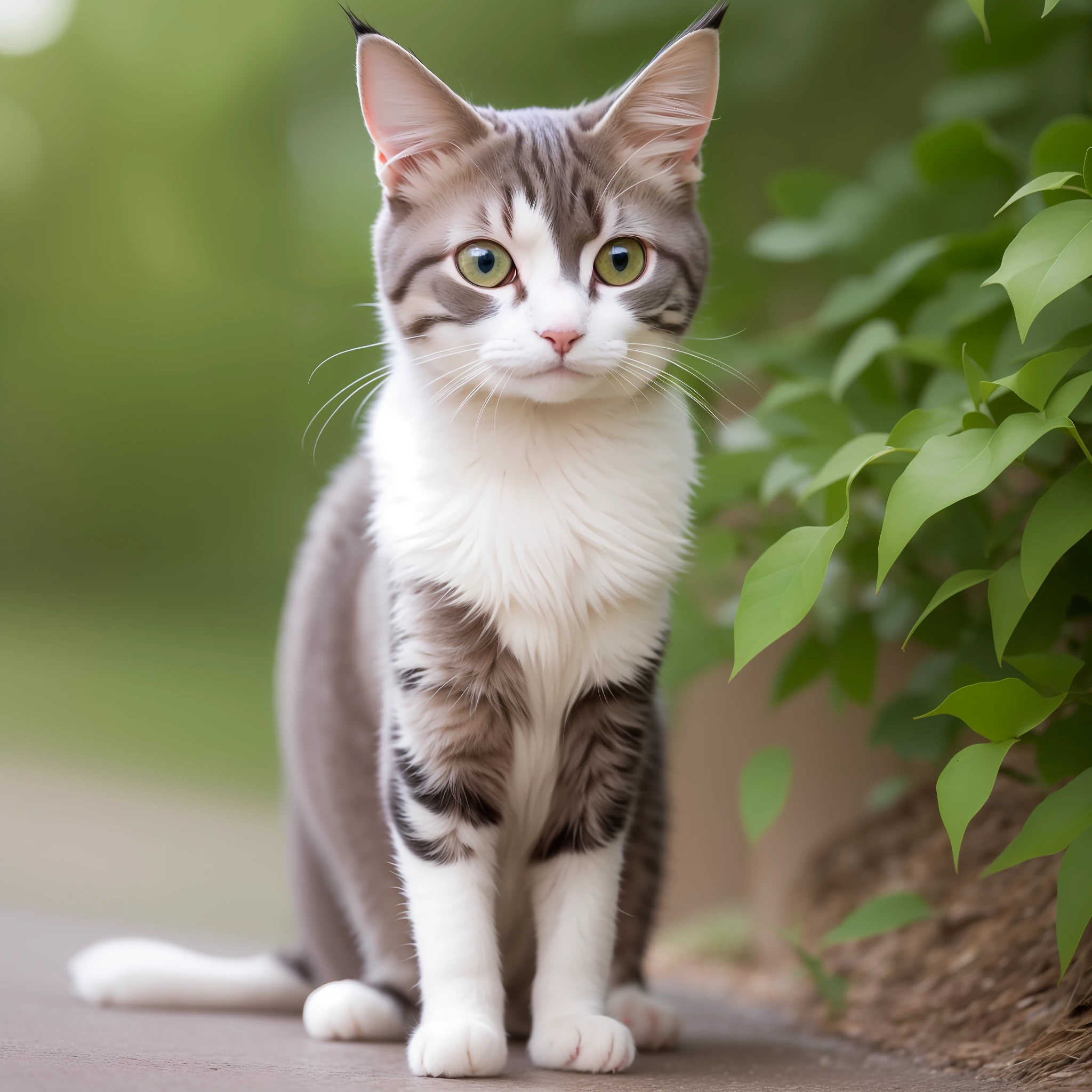 A cat, cute, big eyes with heterochromia, short white coat, full body, front view, neutral background