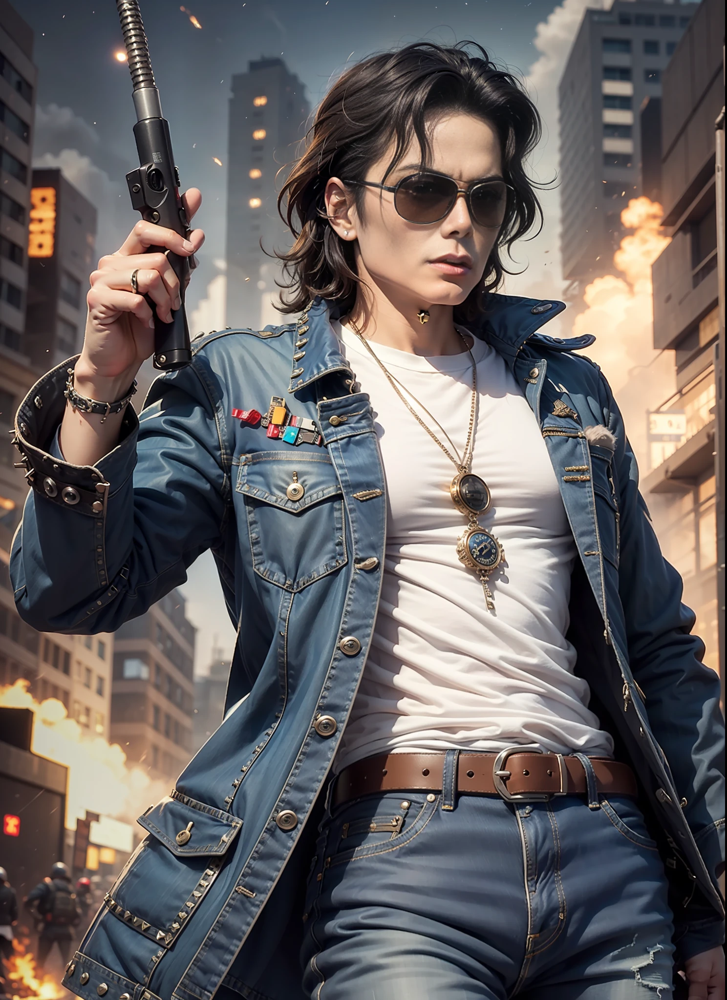Michael jackson, sunglasses, jeans, 1 black belt, long coat, long t-shirt, rivets, holster, rivets, just one body, front view, night, explosions behind.
