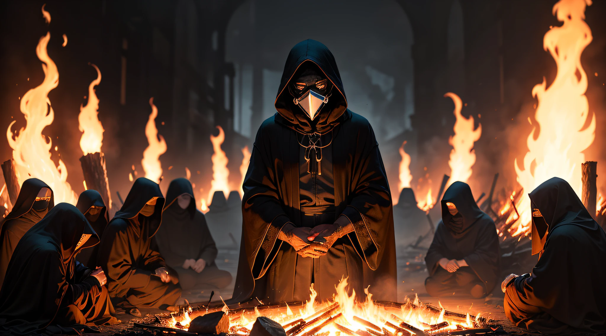 old man wearing black robe over his face a white mask with satanic symbol, dark environment, in the background a bonfire, --auto