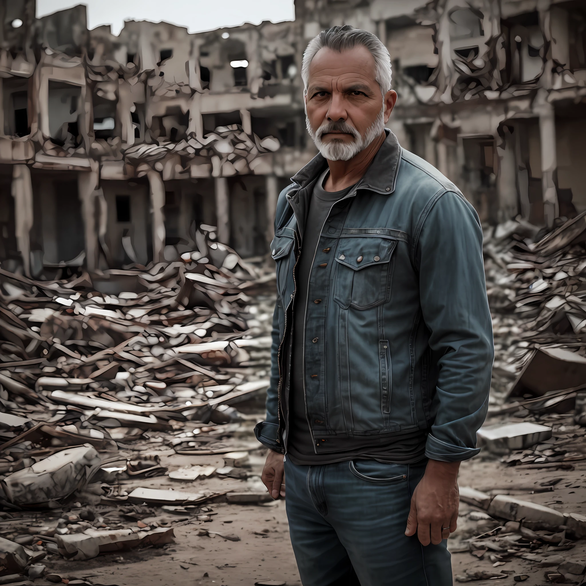 RAW photo, a close up portrait photo of brutal 45 y.o man in wastelander clothes, long haircut, pale skin, slim body, background is city ruins, (high detailed skin:1.2), 8k uhd, dslr, soft lighting, high quality, film grain, Fujifilm XT3 --auto