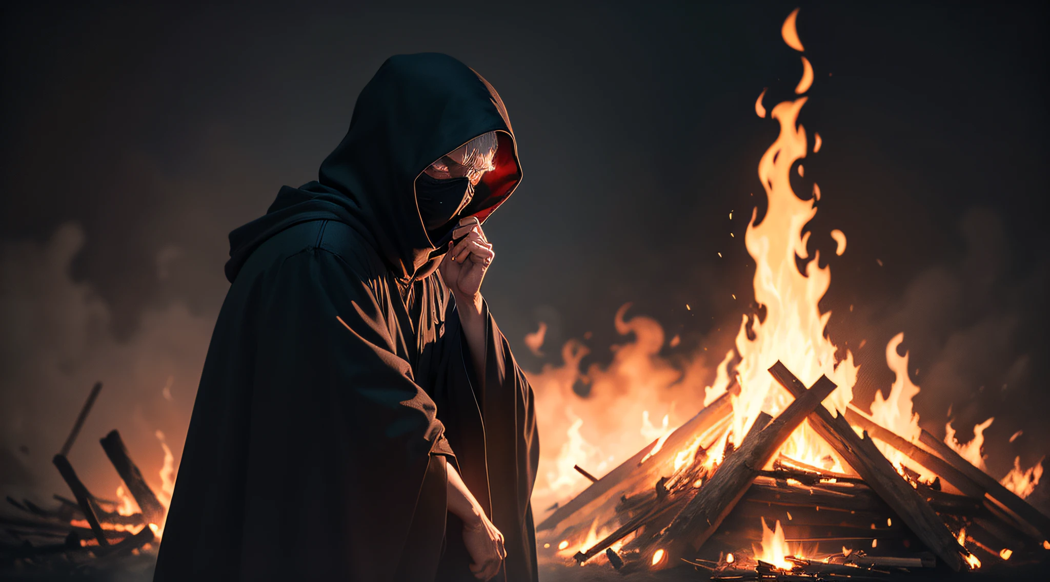 old man wearing black robe over his face a white mask with satanic symbol, dark environment, in the background a bonfire, --auto