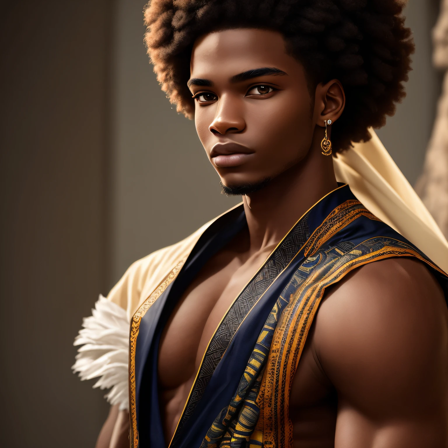 Young young African model boy of 25 years with an impressive look in a super realistic image in Ultra HD. His athletic and well-defined body, with sculpted muscles, is accurately portrayed. Her curly hair is designed with textured and luxurious details, displaying all the natural beauty of her heritage. His facial expression conveys confidence and charisma, revealing the authenticity of his culture. The fashionable clothes he wears are represented with high definition and realistic details, reflecting his unique and contemporary style. The image is rendered in ultra HD quality, providing an immersive and immersive visual experience where every detail is remarkable and captivating. All elements of the image capture the beauty, elegance and pride of this young African model in an exceptional way. --auto