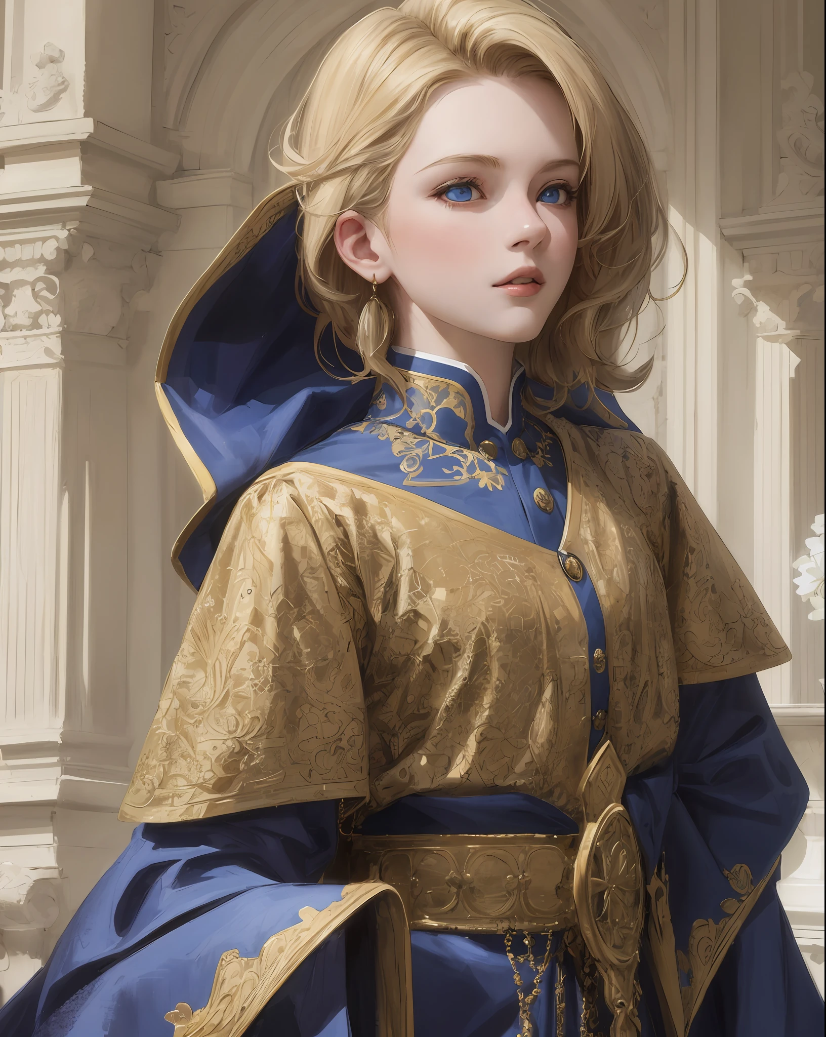 (masterpiece: 1.2, best quality), realistic, (real image, intricate details, depth of field), best quality, masterpiece, highly detailed, semi-realistic, 1 girl, 18 year old woman, with short golden hair, left eyes covered by hair, blue eyes, king's clothes, blue robe, slim body