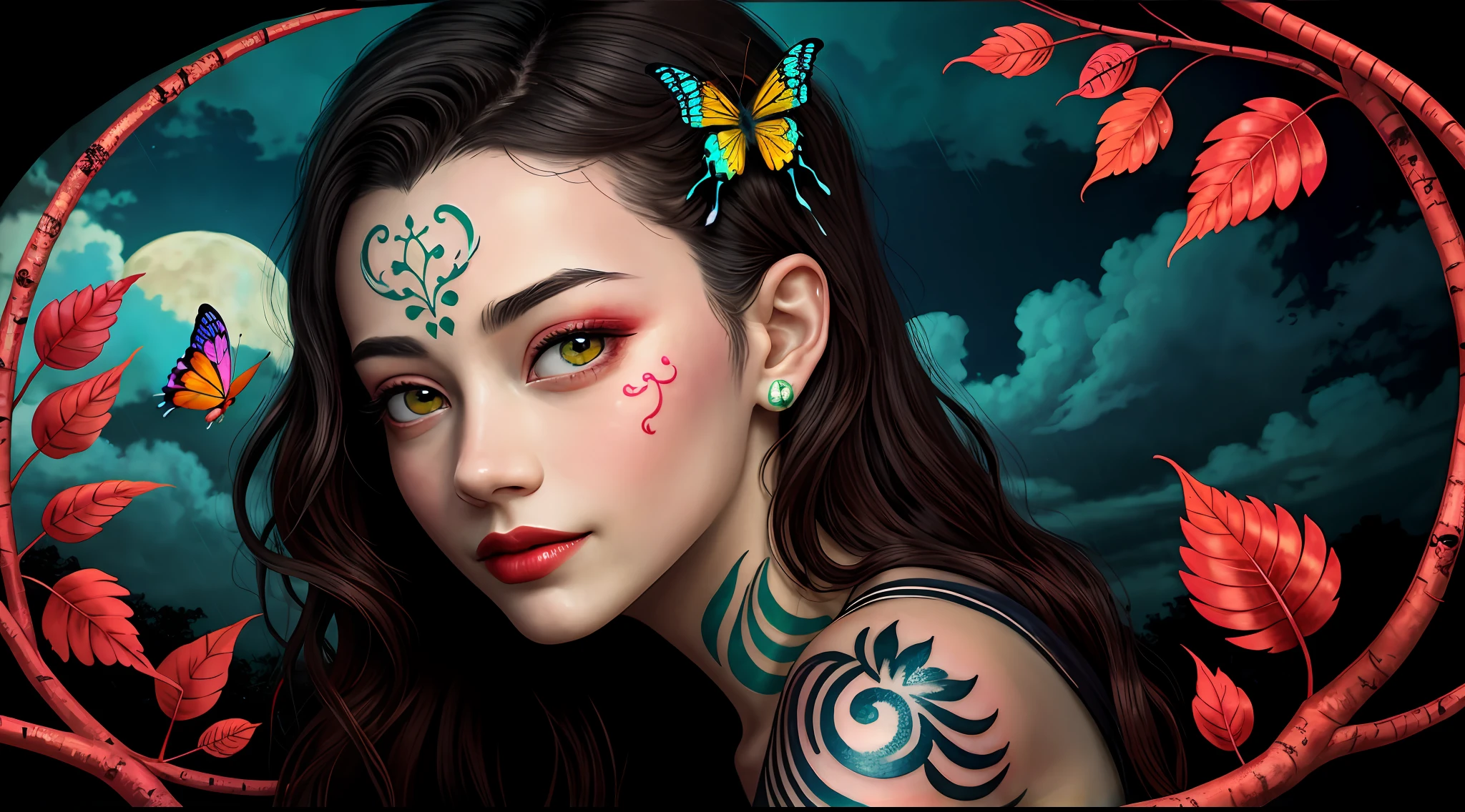 (Masterpiece: 1.2, high quality), (pixels: 1.4), (Song dynasty strokes: 1.4) (wide-angle lens, panorama: 1.2), (panoramic lens: 0.95), (panoramic lens, macro lens: 1.25), dynamic angle, perspective, high point, masterpiece, best quality, 8k, crazy detail, intricate details, super detail, super high quality, early spring willow leaves, often with rain and hatred clouds, extremely beautiful vampire, sideways, face like peach blossom March, implied amorous moon.  The slender waist is curled, the restrained swallow lazy warbler is lazy, the sandalwood mouth is light, and the butterfly chaos that tempts the bees crazy.  Enchanting jade words, beautiful jade fragrance, tense shots (the sky glows red, visual impact, giving the poster a dynamic and visually striking appearance: 1.2), close-up, (analog lens, macro lens: 1.25), colorful colored transparent smooth stones: 1.5, ultra-realistic and complex, body makeover, glowing tattoos, surreal tattoos, highly realistic and complex, tattoo art, detailed neon tattoos