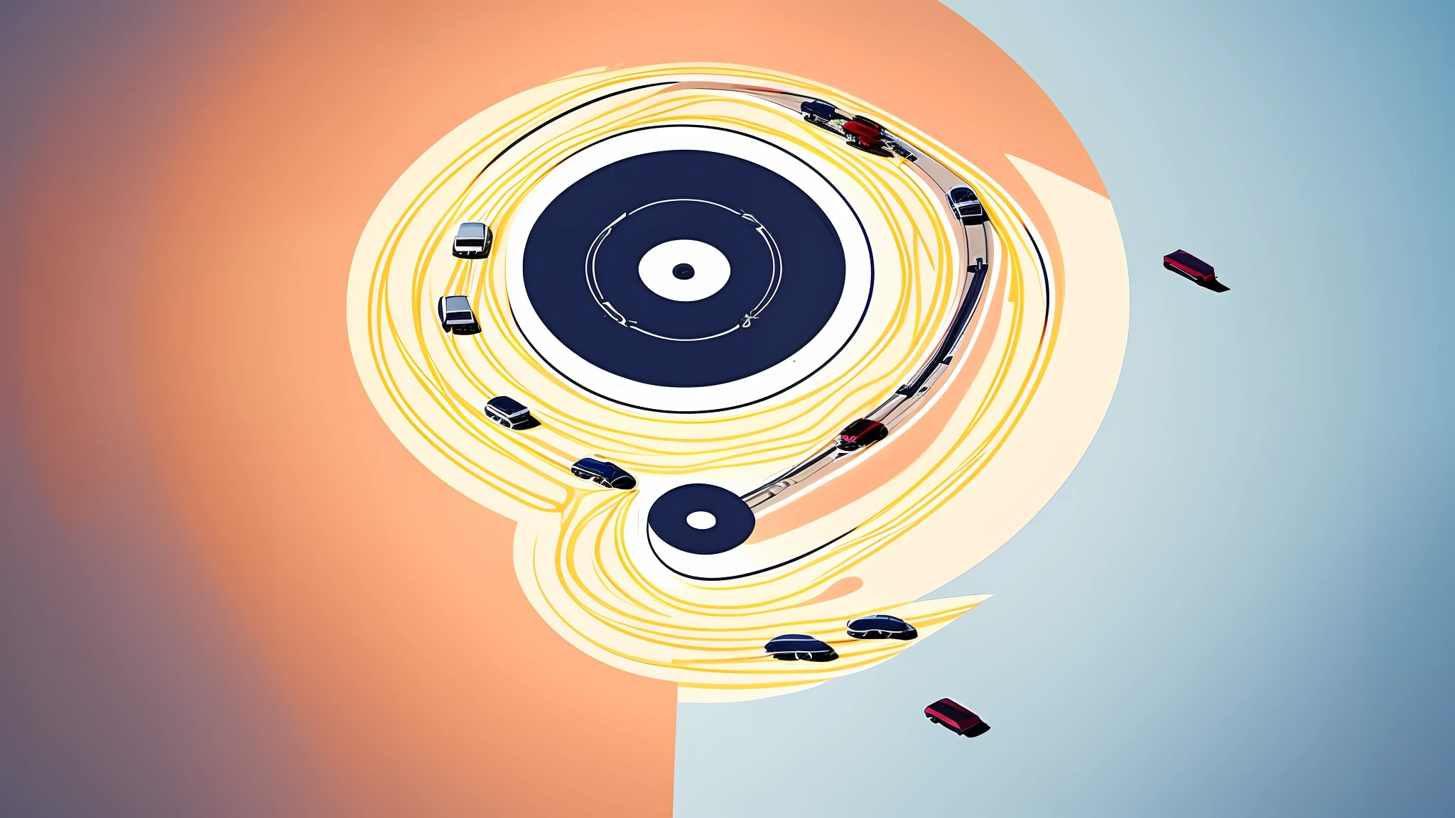 Flat business illustration, vector, 2 wide highway roads winding, fused into a (yin and yang) shape, a lot of cars and large trucks on the road, canvas surrounded by modern architecture