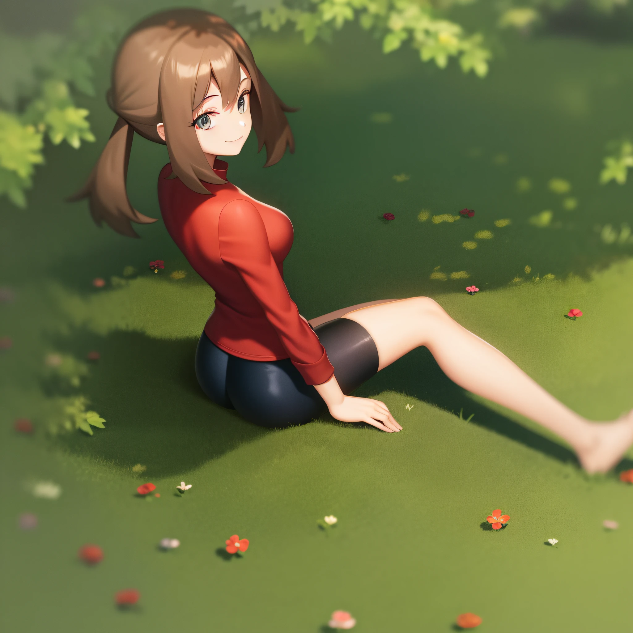 forest, 1girl, character_pokemon_may, solo, cowboy shot, sitting, on ground, from behind, from above, from side, looking back, looking at viewer, smile, closed mouth, red shirt, white skirt, black bike shorts