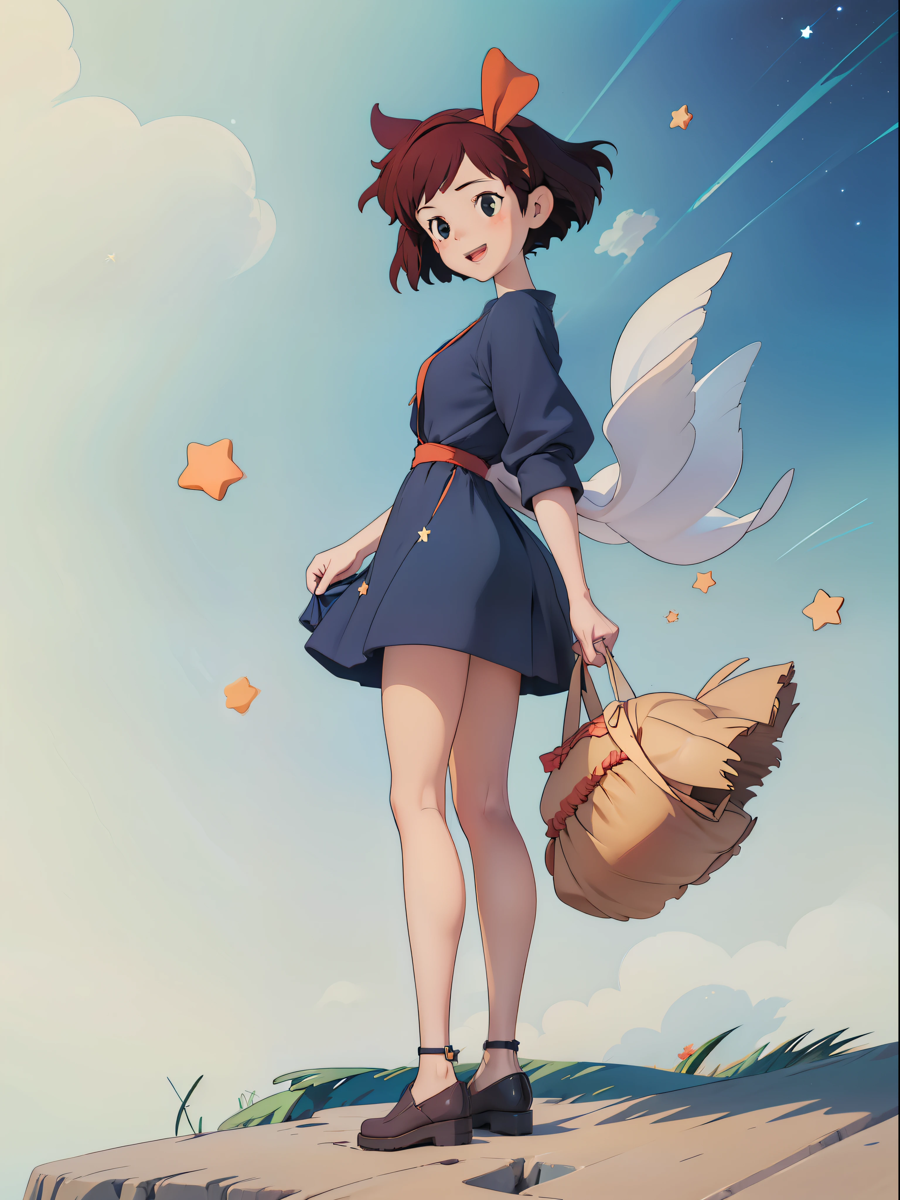 (masterpiece:1.2), (hig quality:1.2), 1girl, full body Kiki, happy, big red hairtie, dark blue short dress, surrounded by stars, high details, realistic, photography, white flat background, softfocus