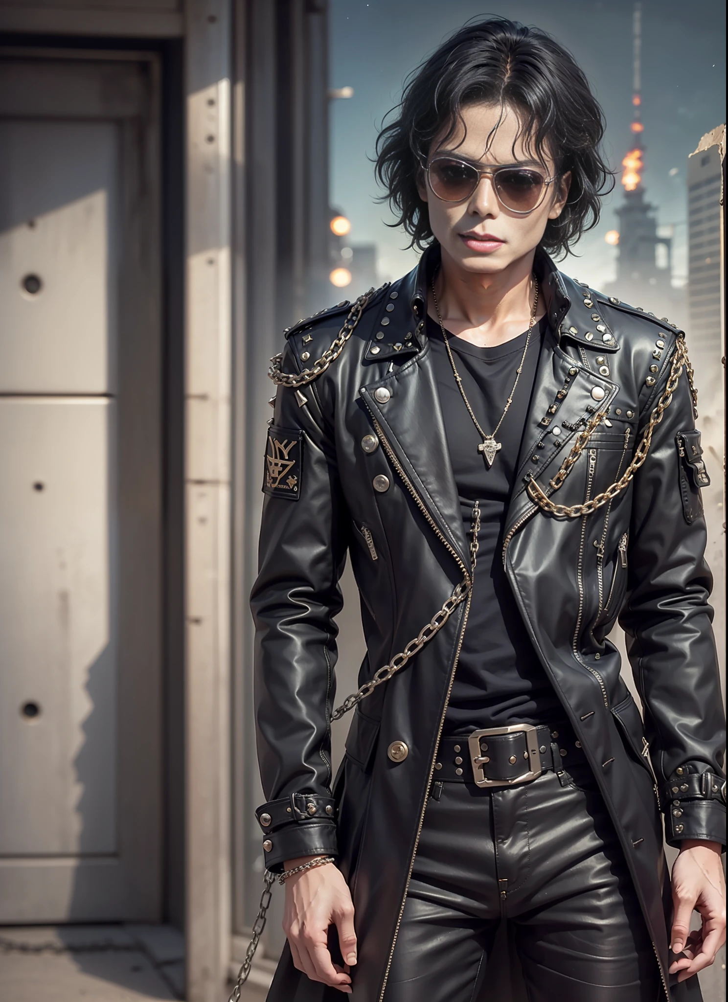 Michael jackson, sunglasses, black pants with rivets, 1 black belt, long coat, long t-shirt, rivets, holster, rivets, chains, just one body, front view, night, explosions behind.