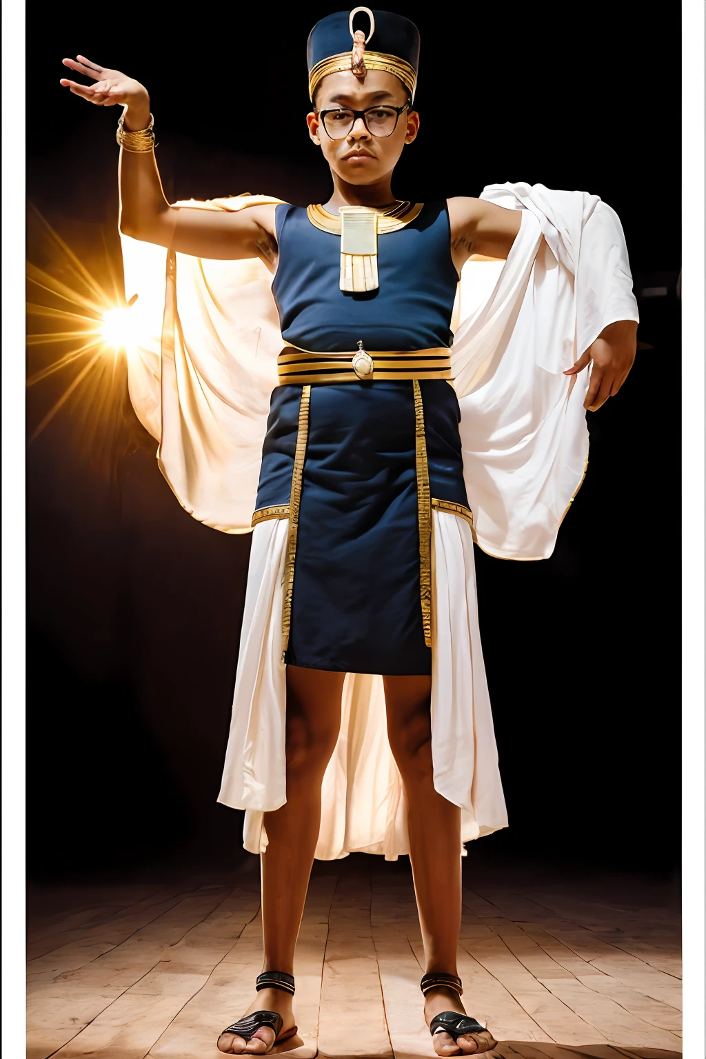 guttonerdvision5, full body of a 3-year-old boy wearing glasses, detailed, skin, pores, (((sharp and detailed face)), (((detailed hands and arms)))), wearing Egyptian king clothing, in a setting of a wide Egyptian hall, sun coming in through the ceiling, dust in the air to mark the sunlight coming in, intricate details, with great depth of field. The scene is realistic and the lighting is cinematic, uhd, photo award-winning