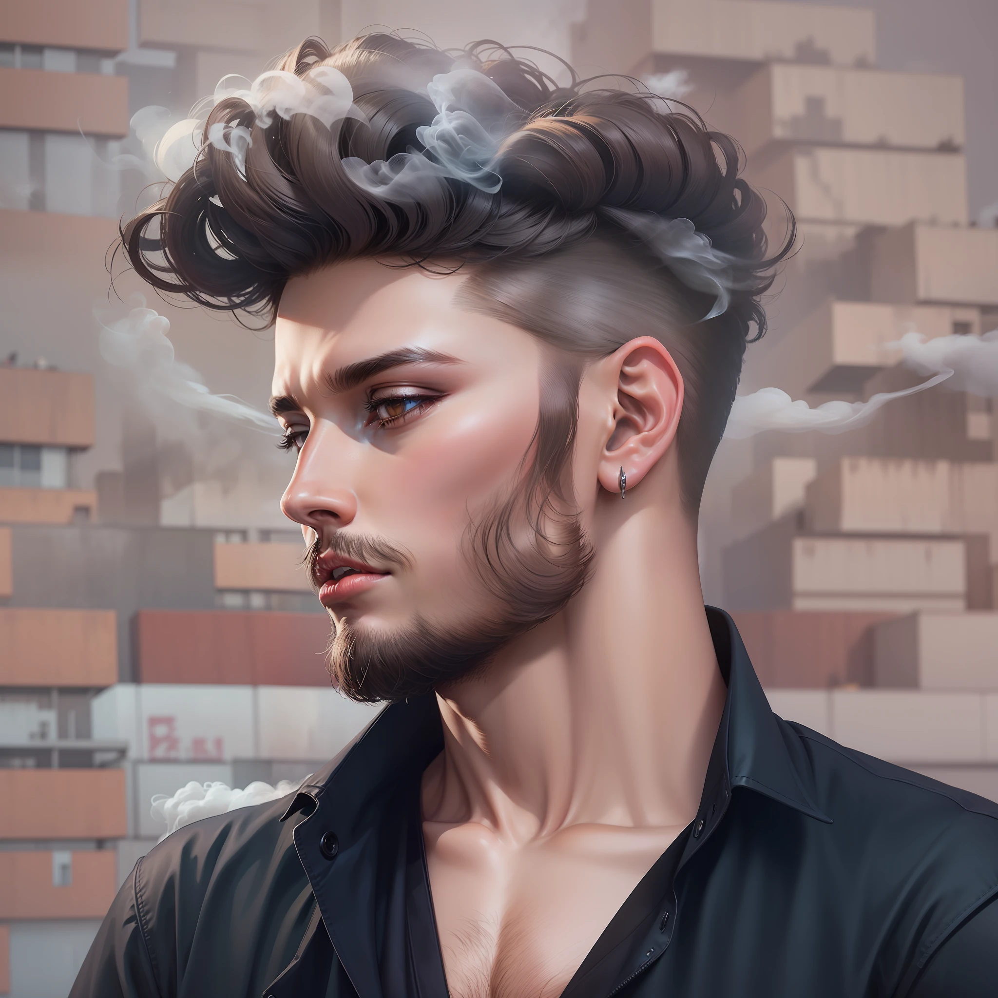 Tall buildings, senset , brown eyes, smoke, hyper realistic