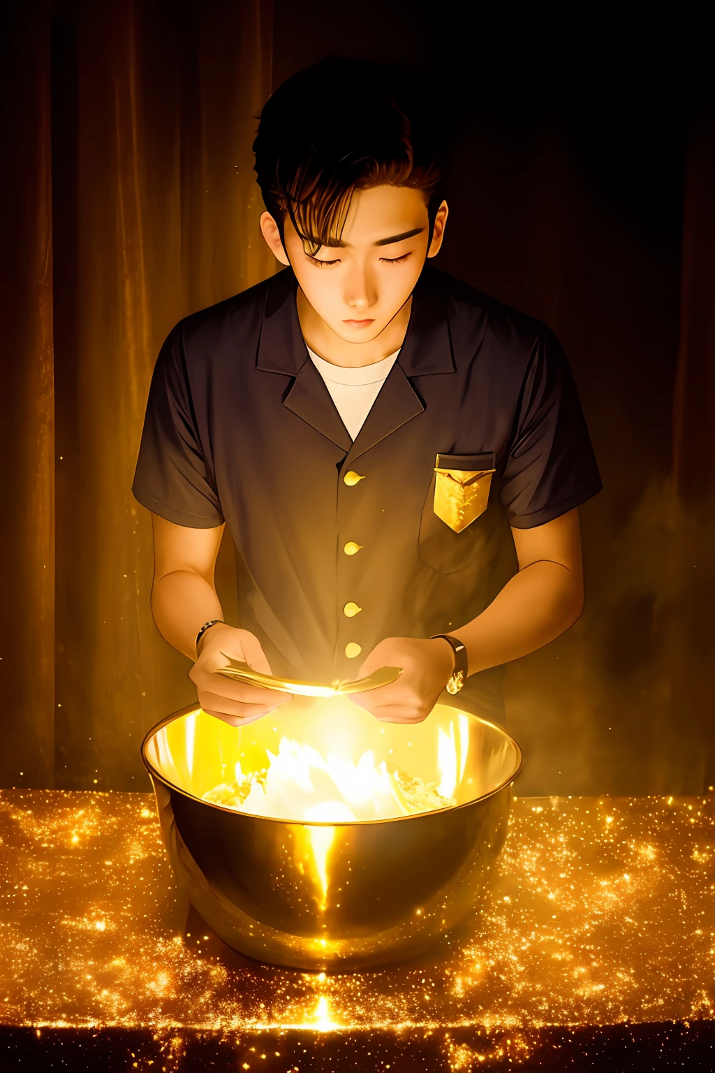 Birth of an adult man gleaming a golden color