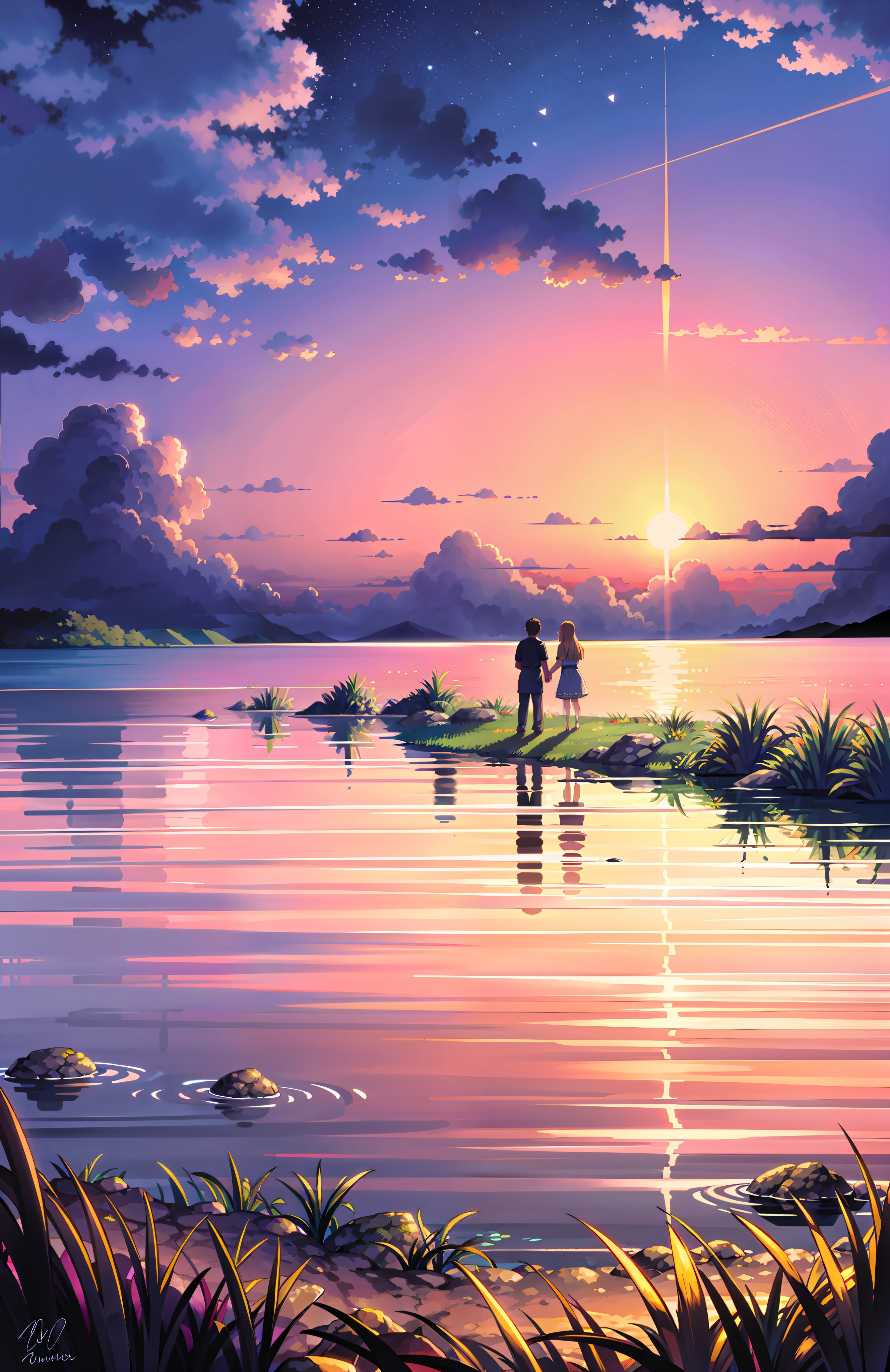 (A couple playing in the water), the man touching the woman's head, an absolutely mesmerizing sunset on the beach with a mix of orange, pink and yellow in the sky. The water is crystal clear, gently kissing the shore, and the white sand is boundless. The scene is dynamic and breathtaking, with seagulls soaring high in the air and palm trees gently swaying. Immerse yourself in the calm atmosphere and let the tranquil surroundings surround you.