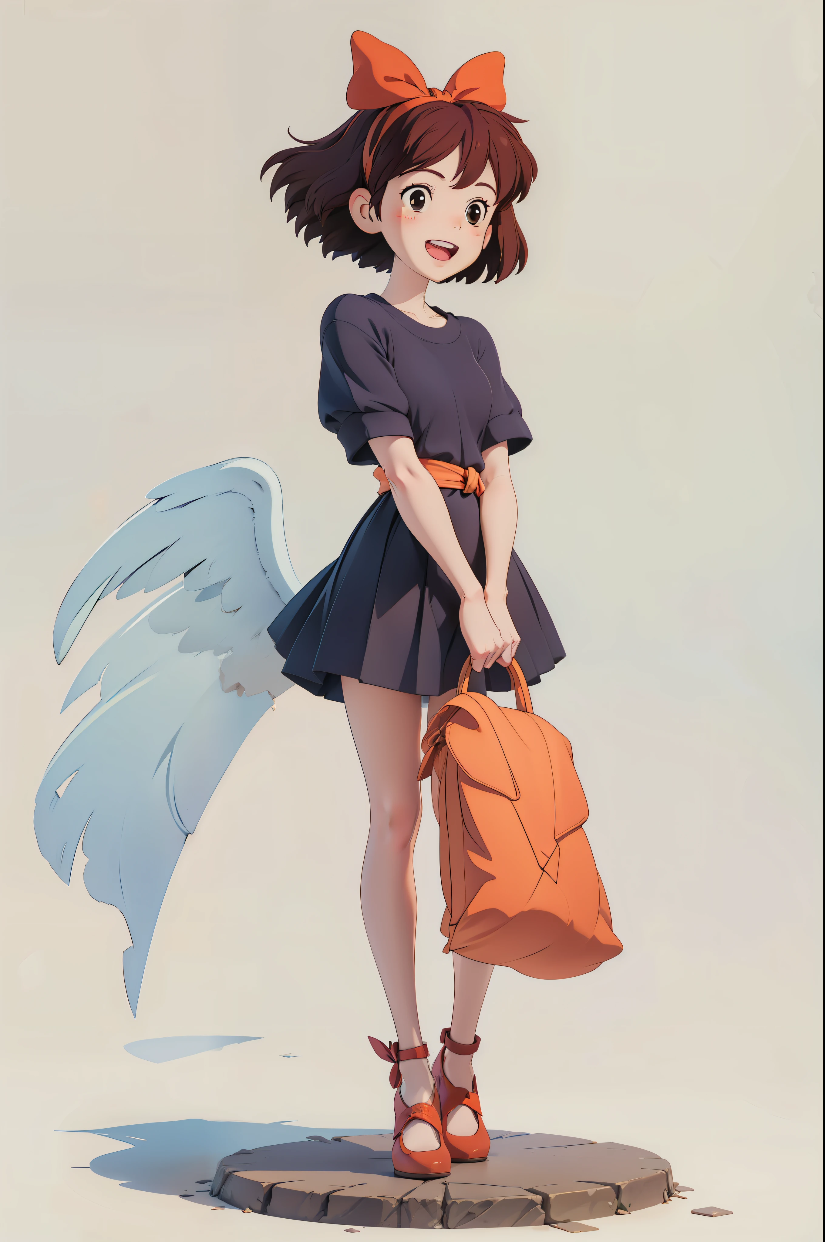 (masterpiece:1.2), (hig quality:1.2), 1girl, full body Kiki, happy, big red hairtie, high details, realistic, photography, white flat background, softfocus