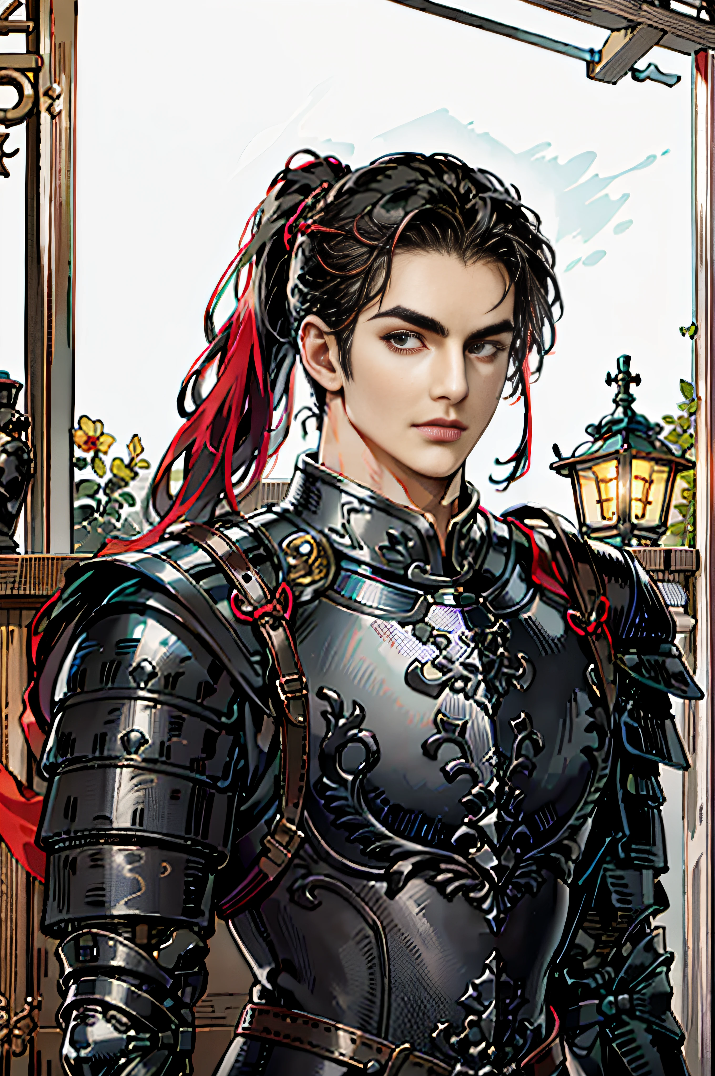 (absurd, highres, ultra detailed, realistic, ), 1 male, solo, adult, mature, high muscular face, broad shoulders, handsome, long ponytail hair, black hair, angular jaw, thick neck, thick eyebrows, night, dark, the view of a medieval tavern, black color gambeson armor with red details, no bluish details on the armor, upper body, looking at the camera