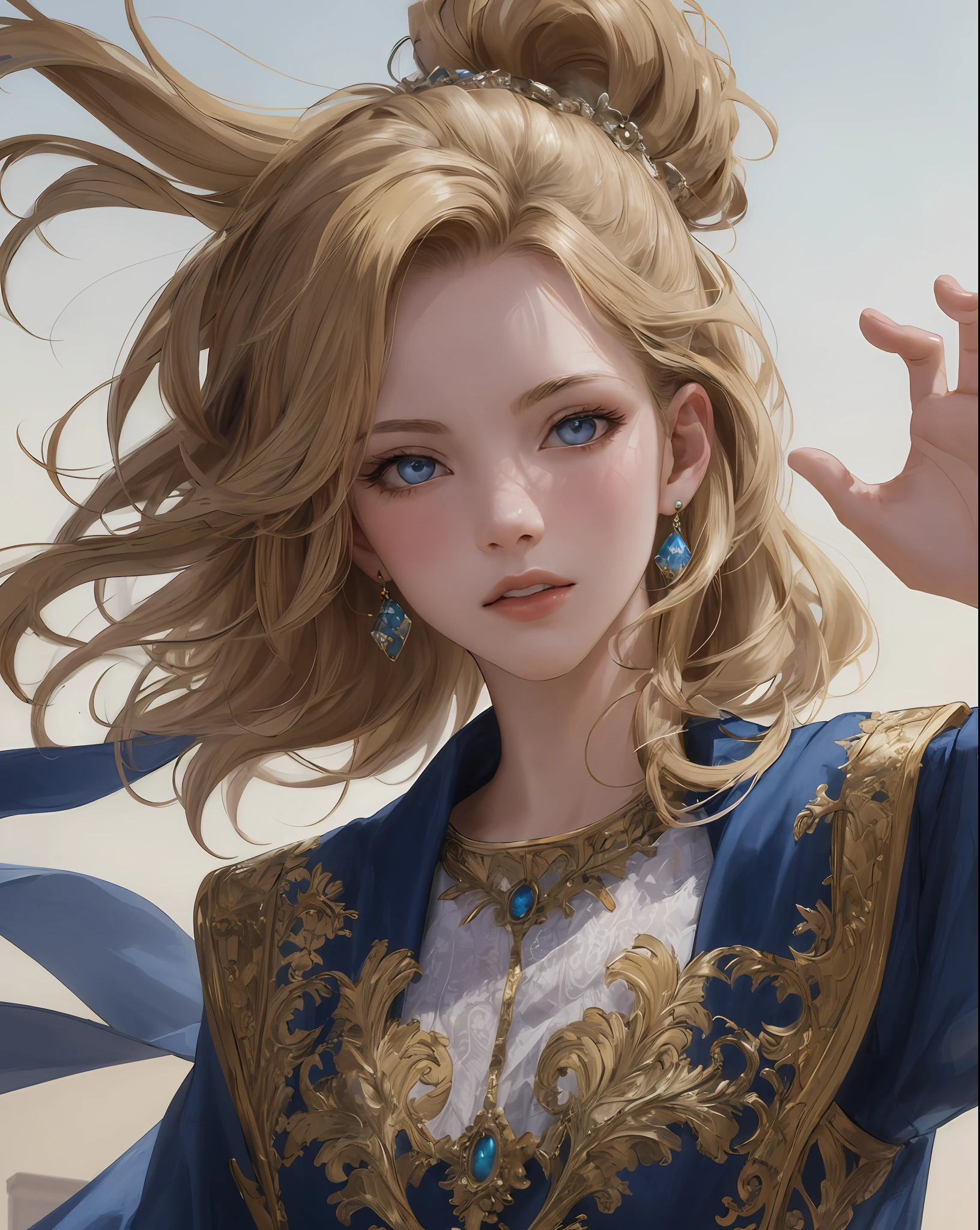 (masterpiece: 1.2, best quality), realistic, (real image, intricate details, depth of field), best quality, masterpiece, highly detailed, semi-realistic, 1 girl, 16 year old woman, with short golden hair, left eyes covered by hair, blue eyes, king's clothes, blue robe, slim body