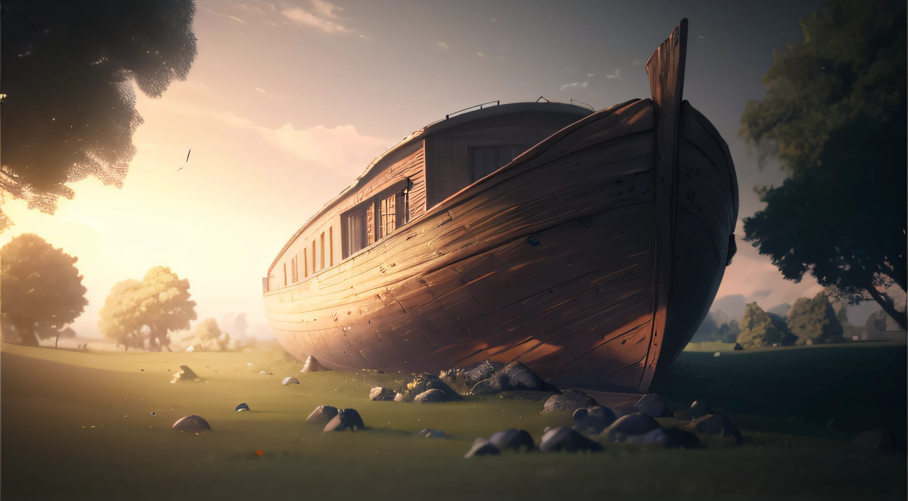 arafed boat on land with rocks and trees in the background, noah's ark, inspired by Gediminas Pranckevicius, old wooden ship, by Gediminas Pranckevicius, 3 d render and matte painting, in the art style of filip hodas, erik johansson style, by Filip Hodas