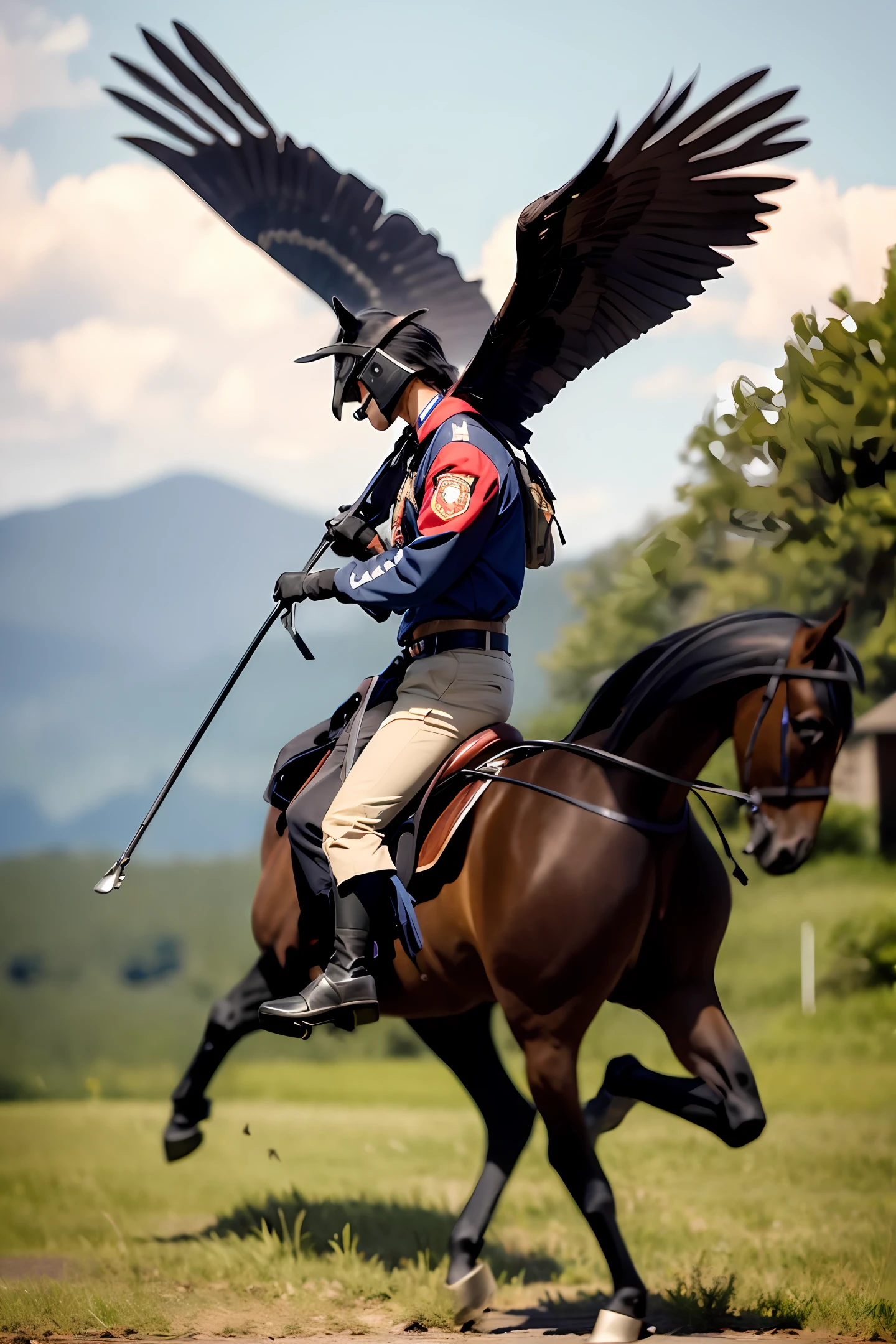 Black hawk head, panther body and eagle wings, mounted on a black horse