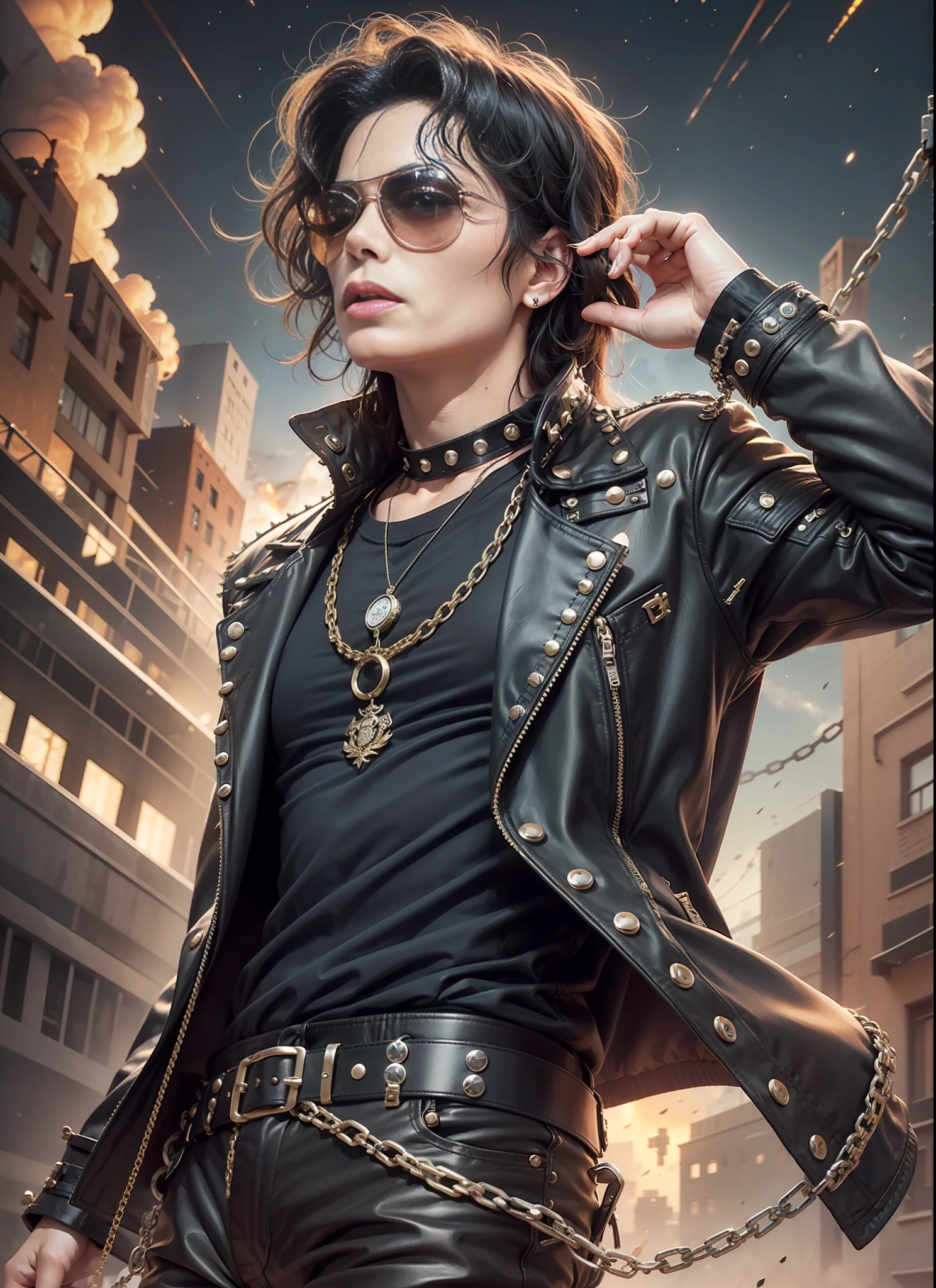 Michael jackson, sunglasses, black pants with rivets, 1 black belt, coat, long t-shirt, rivets, holster, rivets, chains, just one body, front view, night, explosions behind.
